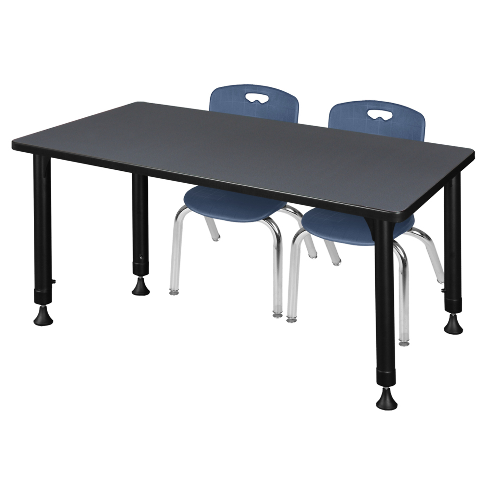Regency Kee Adjustable Classroom Table with 2 Andy Stack Chairs — 48in. x 30in., Grey/Mahogany, Navy Blue, Model# MT4830GYAPBK45NV
