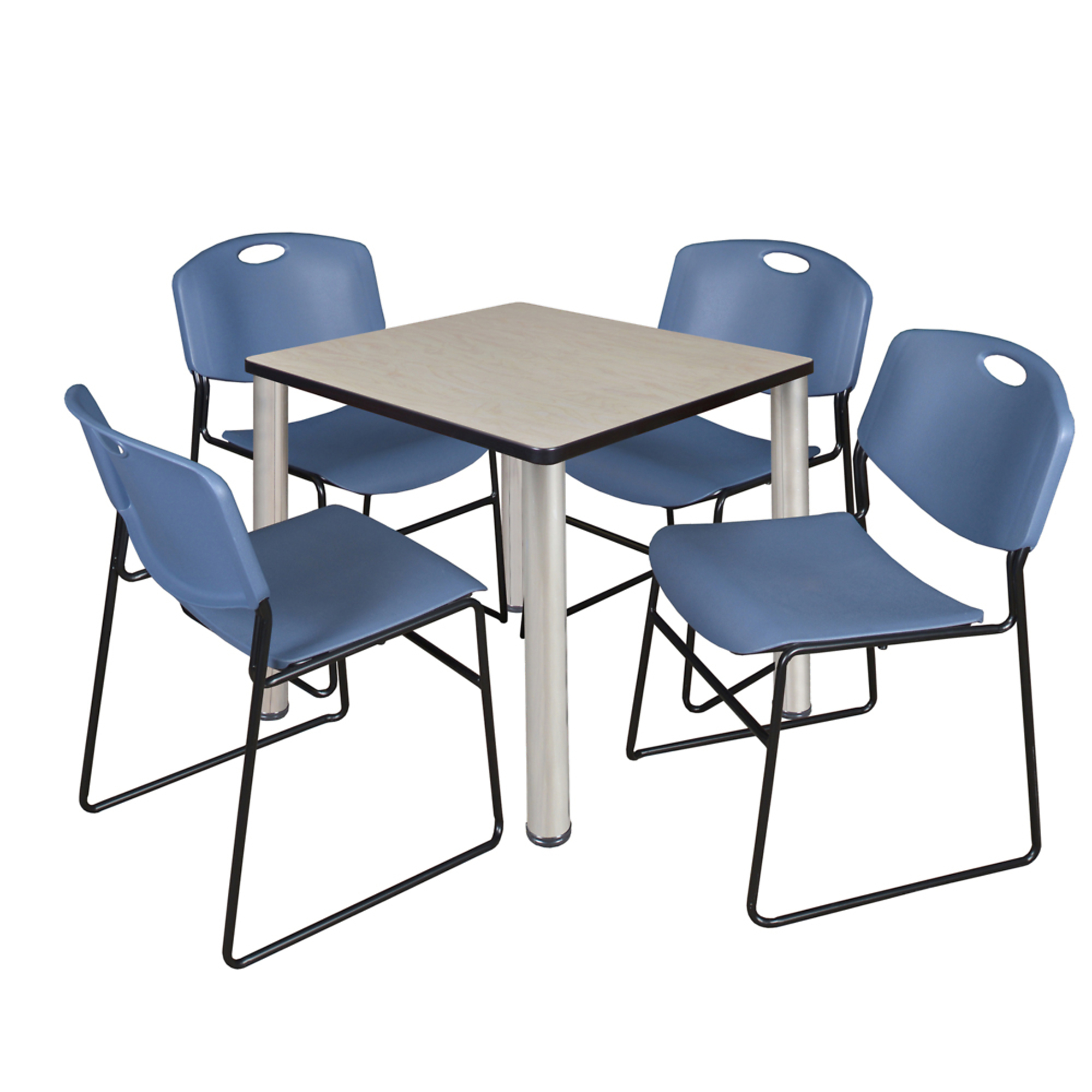 Regency Kee Breakroom Table Set — 30in. Square, Maple/Cherry Top, Chrome Legs, 4 Blue Zeng Stack Chairs, Model# TB3030PLBPCM44BE