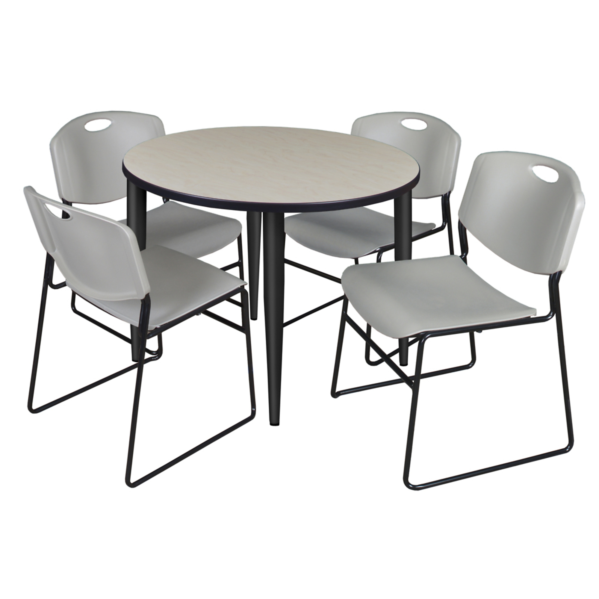 Regency Kahlo Round Breakroom Table Set — 42in. Maple Top, Black Base, 4 Grey Zeng Stack Chairs, Model# TPL42RNDPLBK44GY
