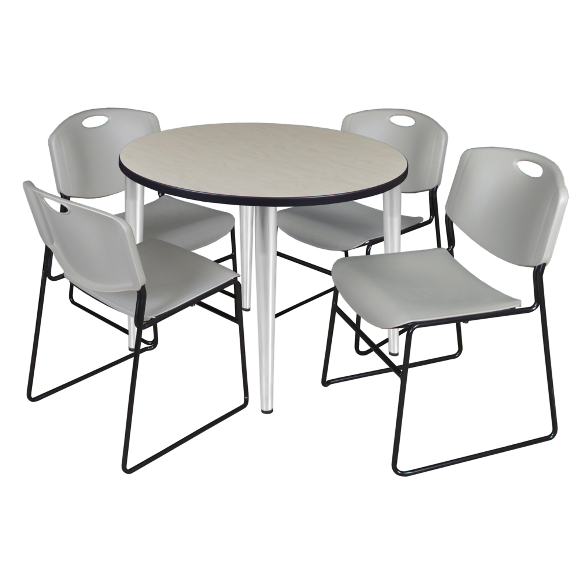 Regency Furniture Kahlo Round Breakroom Table Set — 42in. Maple/Cherry Tabletop, Chrome Base, 4 Grey Zeng Stack Chairs, Model# TPL42RNDPLCM44GY