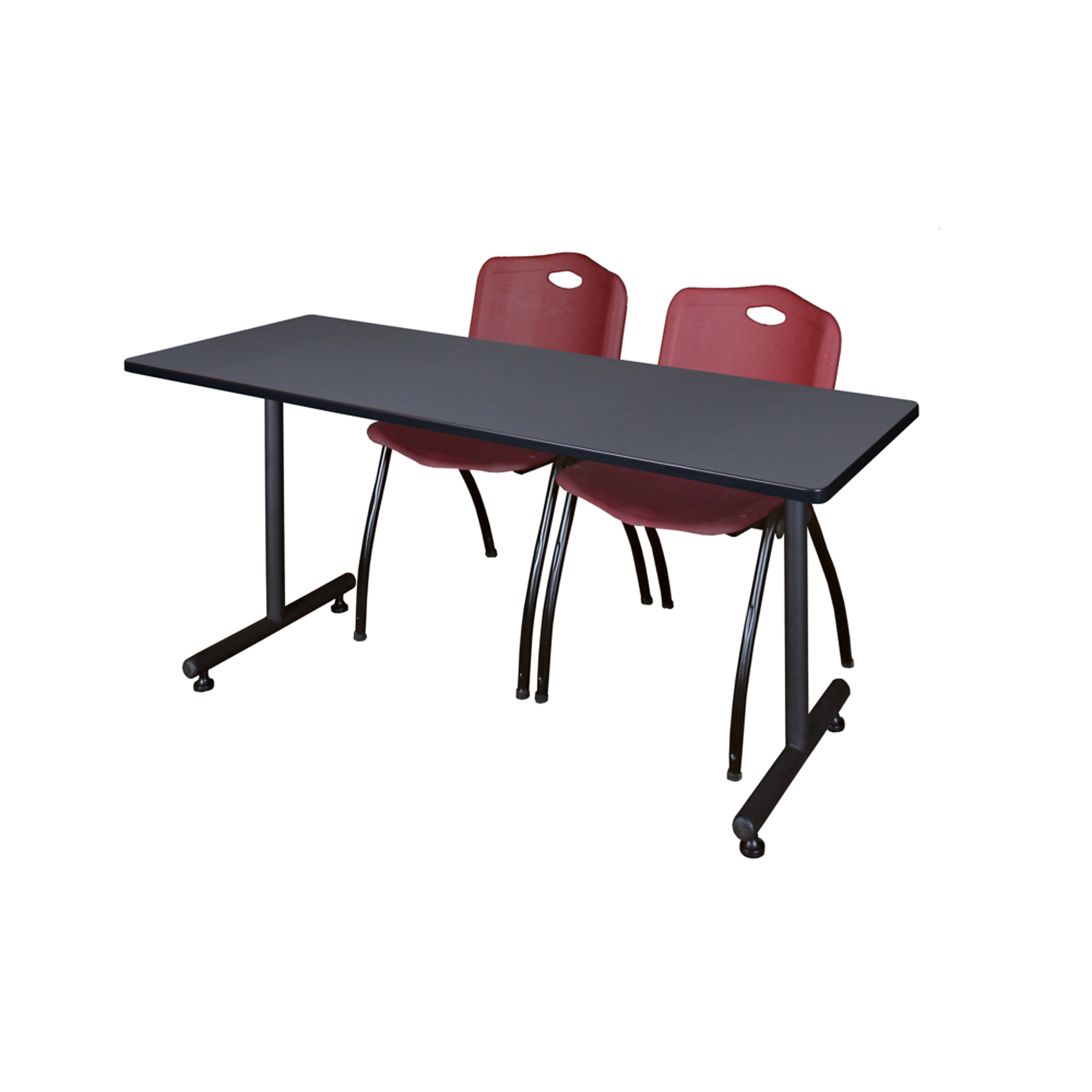 Regency Kobe Training Seminar Table with T-Base and Stack Chairs — 72in. x 30in., Grey/Mahogany, 2 Burgundy Chairs, Model# MKTRCT7230GY47BY