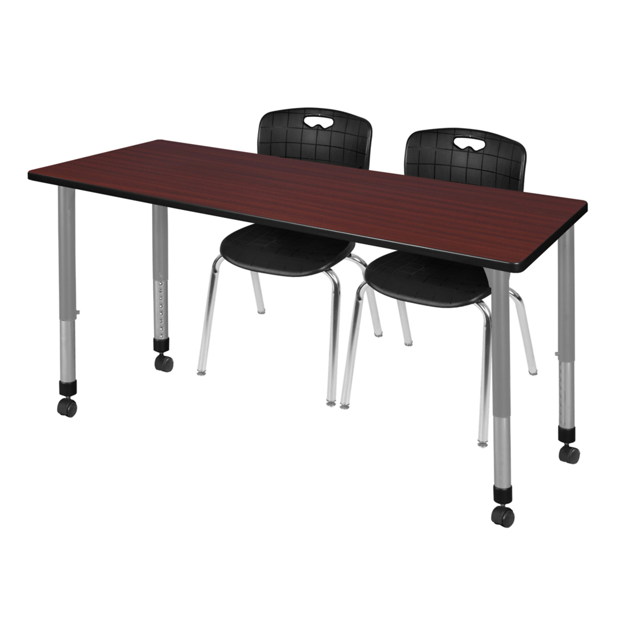 Regency Kee Mobile Adjustable Classroom Table Set — 66in. x 24in., Mahogany, Includes 2 Andy 18in. Stack Chairs, Model# MT6624MHAPCGY40BK