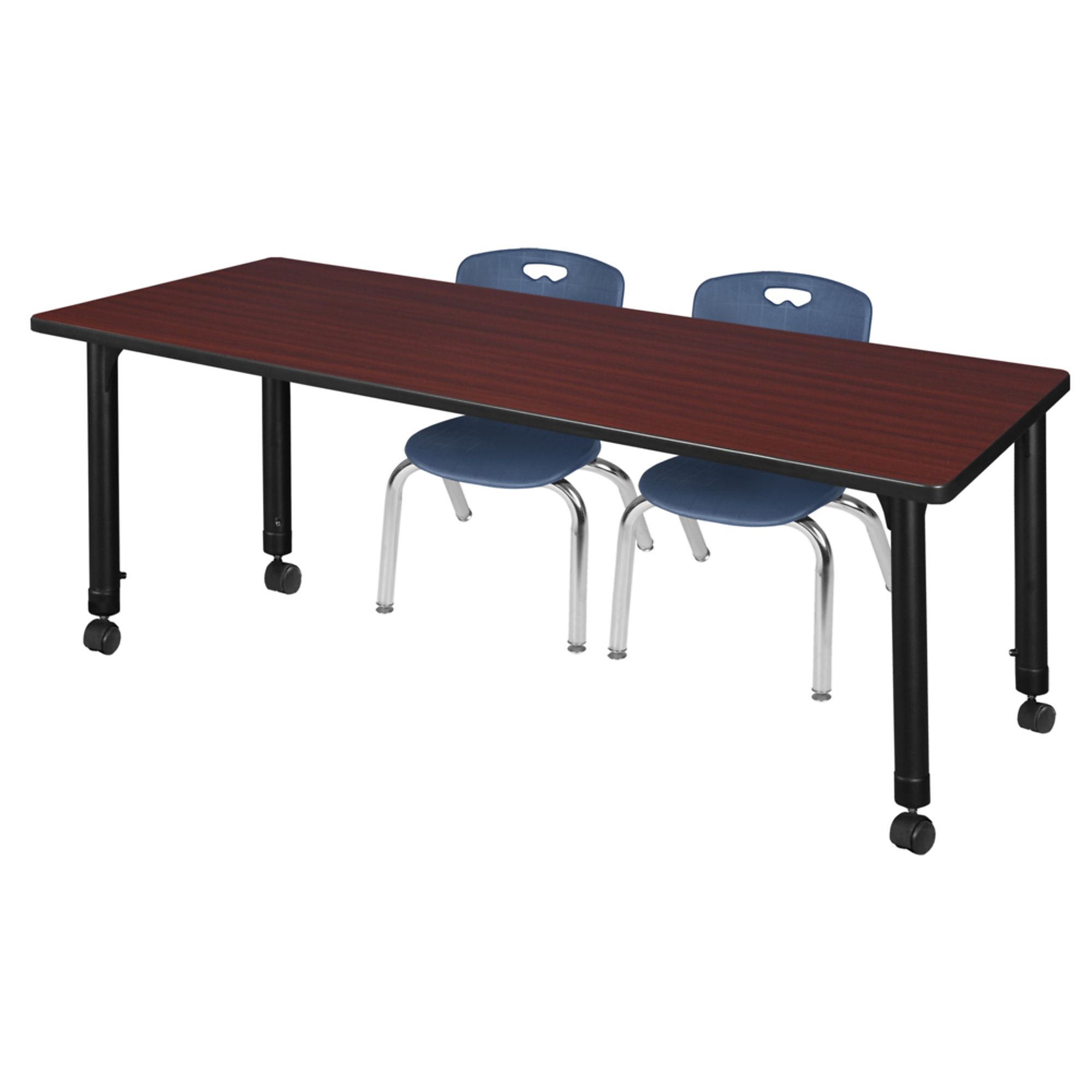 Regency Kee Mobile Adjustable Classroom Table with 2 Andy Stack Chairs — 66in. x 24in., Mahogany/Blue, Model# MT6624MHAPCBK45NV