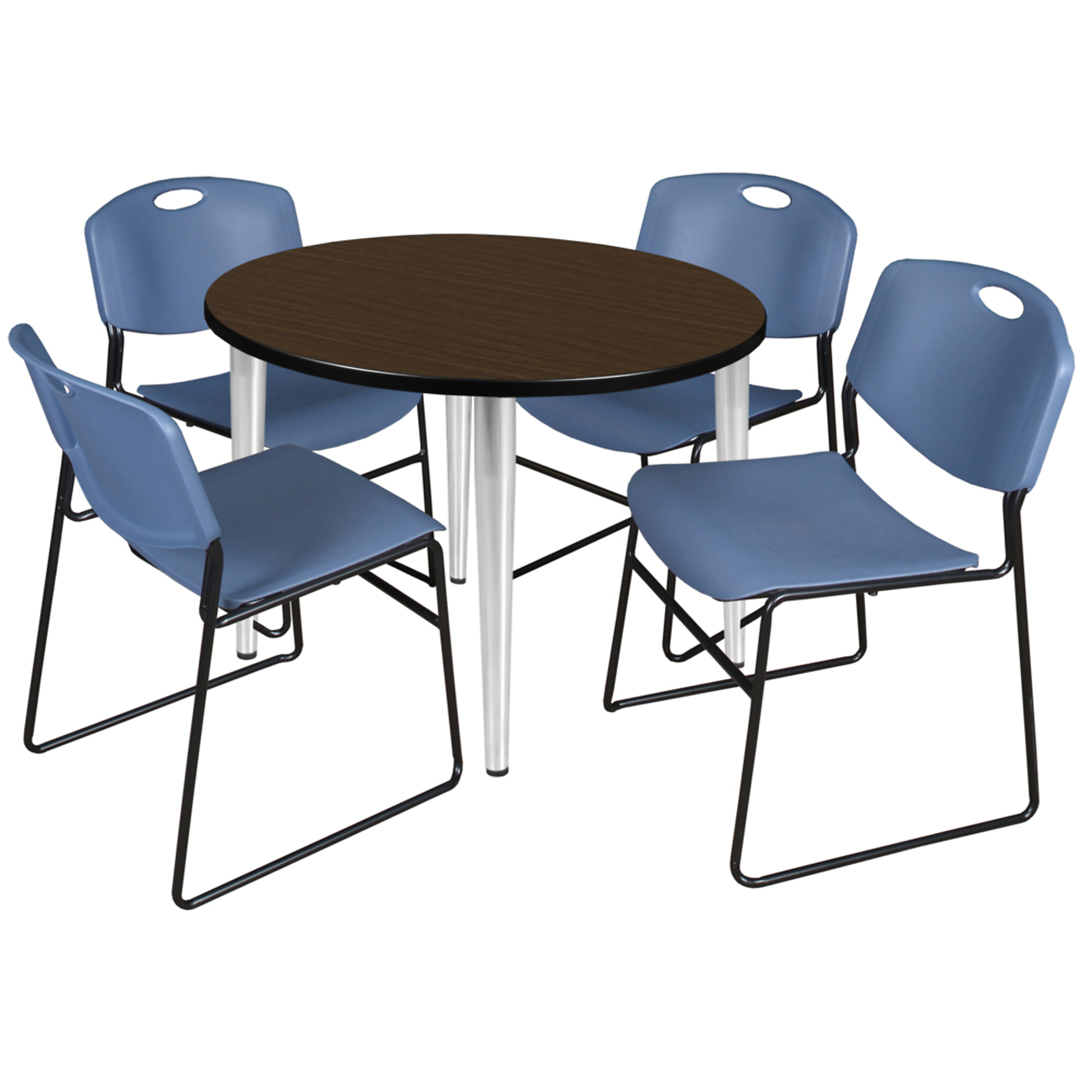 Regency Kahlo Round Breakroom Table Set — 36in. Neo Walnut/Chrome, 4 Blue Zeng Stack Chairs, Model# TPL36RNDNWCM44BE