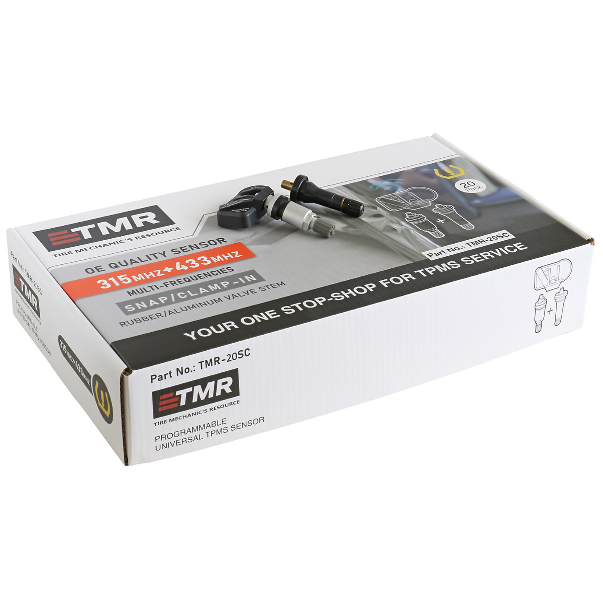 Tire Mechanic's Resource Dual Frequency Dual Valve Programmable TPMS Sensor — 20 Pack, Metal and Rubber Valve Stems, Model# TMRTPMS-20