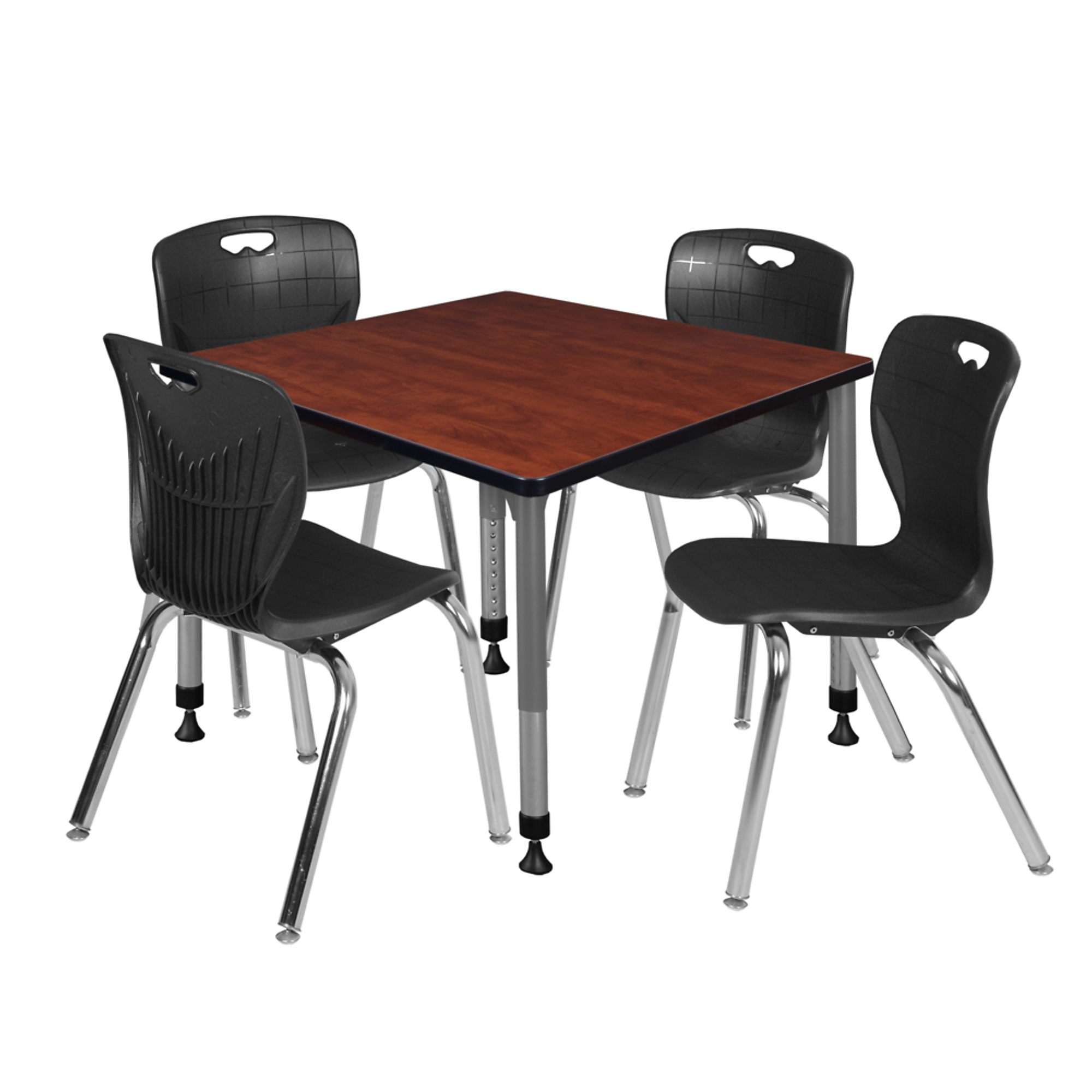 Regency Kee Adjustable Classroom Table and 4 Andy Stack Chairs Set — 42in. Square, Cherry/Maple Tabletop, Black/Grey Base, Model# TB4242CHAPGY40BK