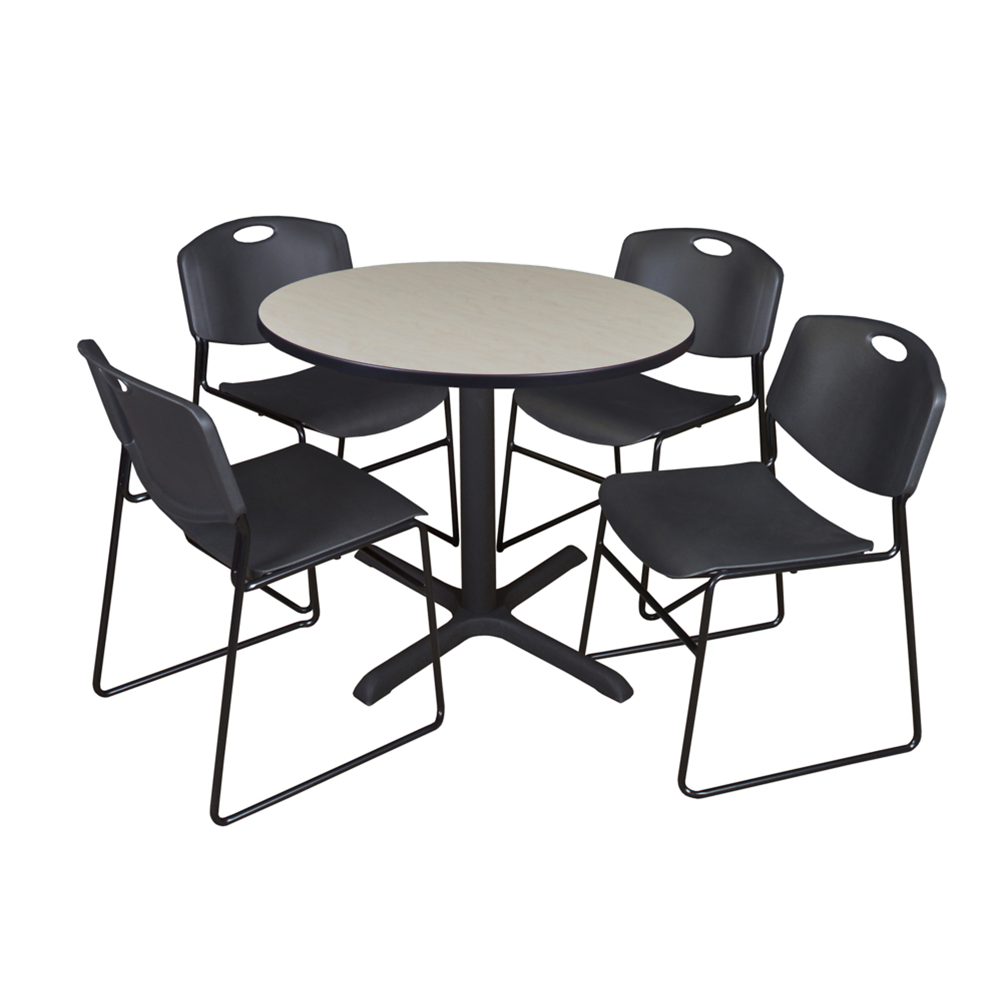 Regency Cain Round Breakroom Table with 4 Zeng Stack Chairs — 42in., Maple/Black, Model# TB42RNDPL44BK