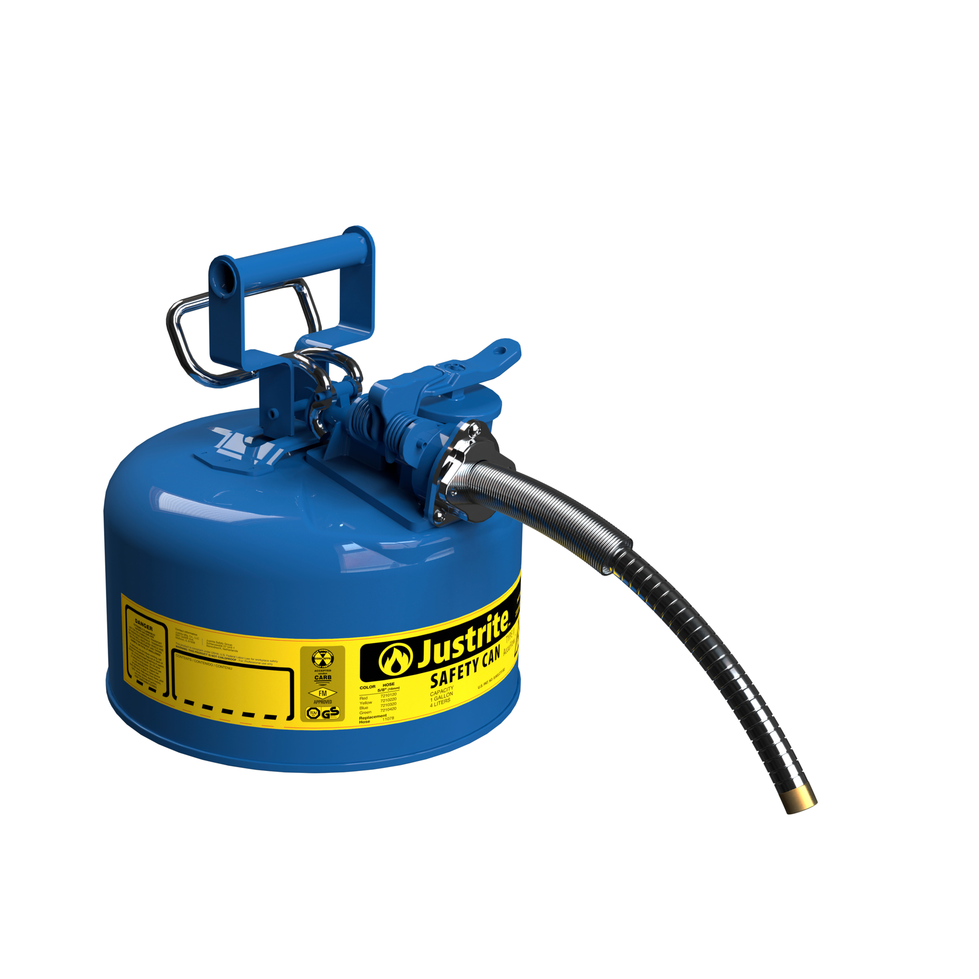 Justrite Type II Steel Safety Can for Kerosene — 1 Gallon, 9in. Metal Hose, AccuFlow, Safe-Squeeze Trigger, Blue, Model# 7210320