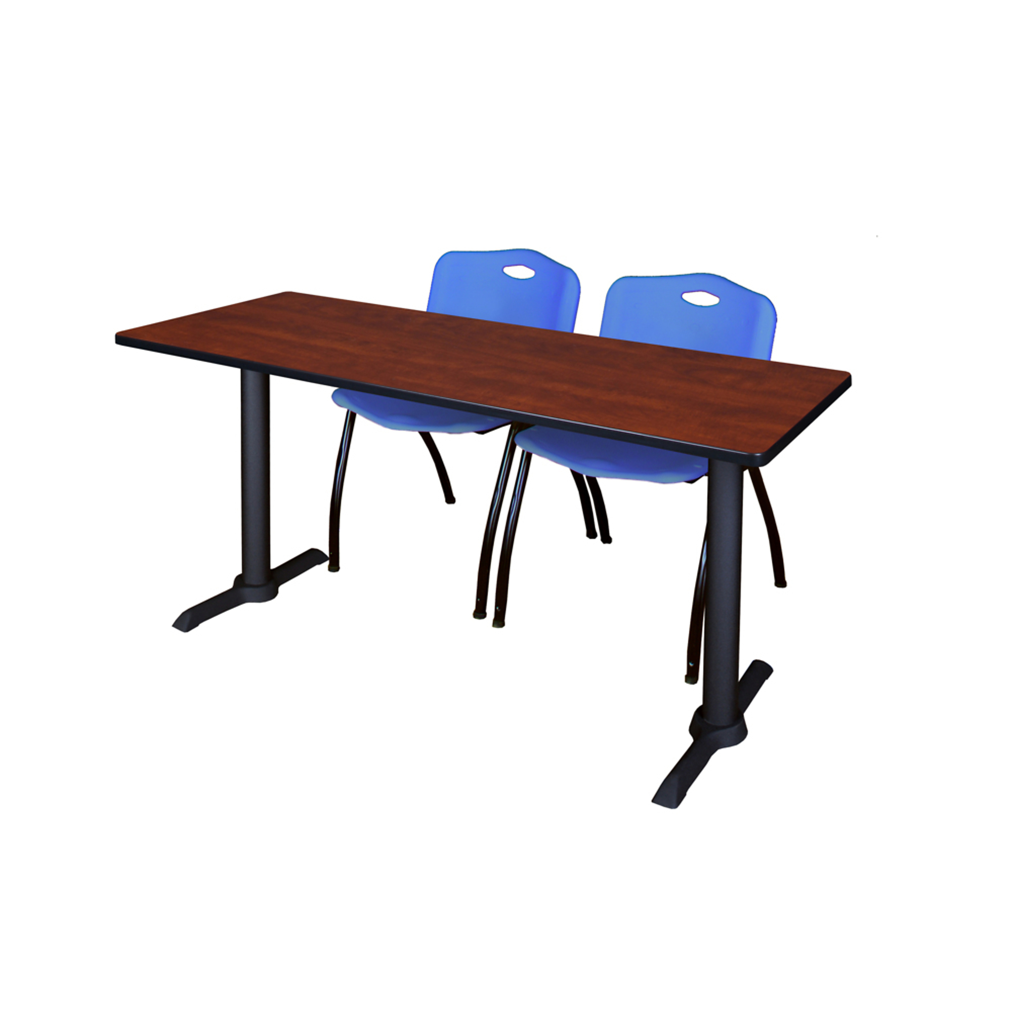 Regency Furniture Cain Training Seminar Table with T-Base — 60in. x 24in., Cherry/Maple, Includes 2 Blue Stack Chairs, Model# MTRCT6024CH47BE