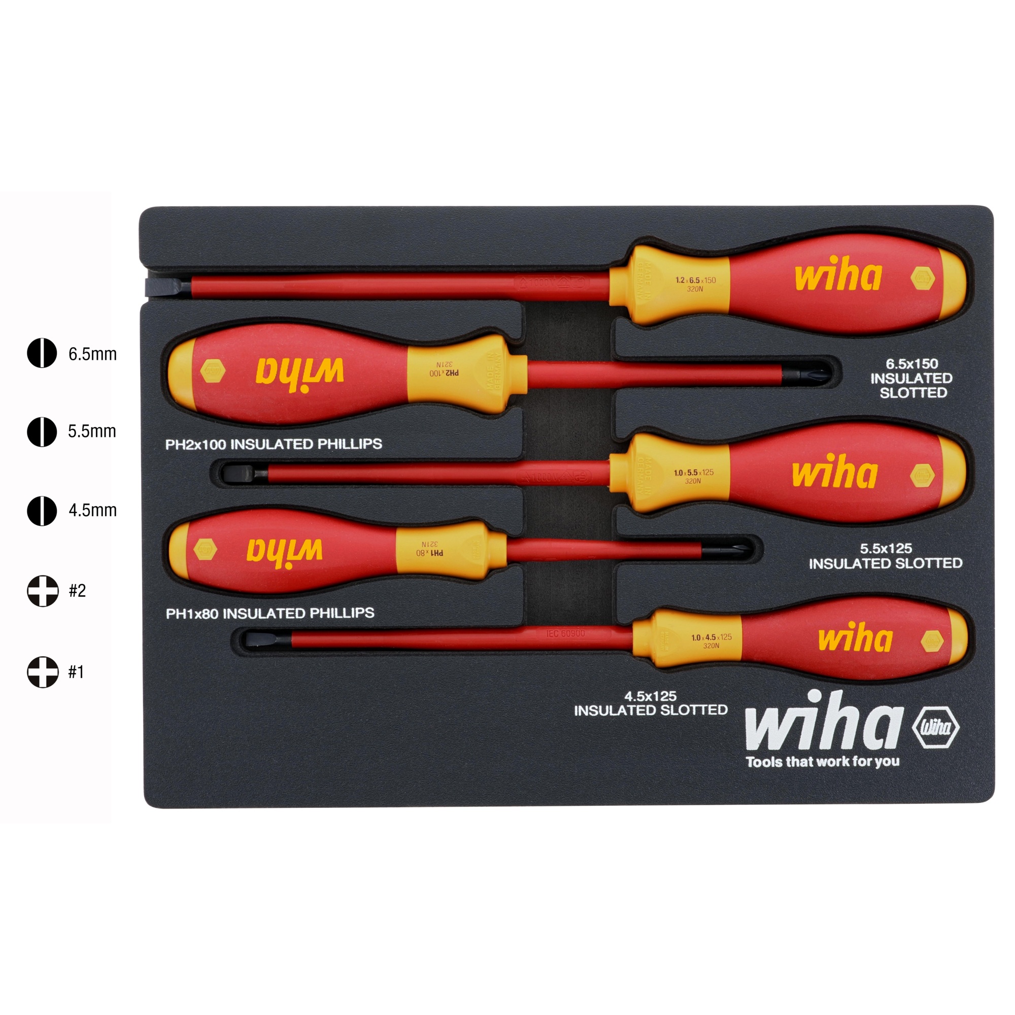 Wiha Tools 5 Piece Insulated SoftFinish Cushion Grip Screwdriver Tray Set, Model #32081