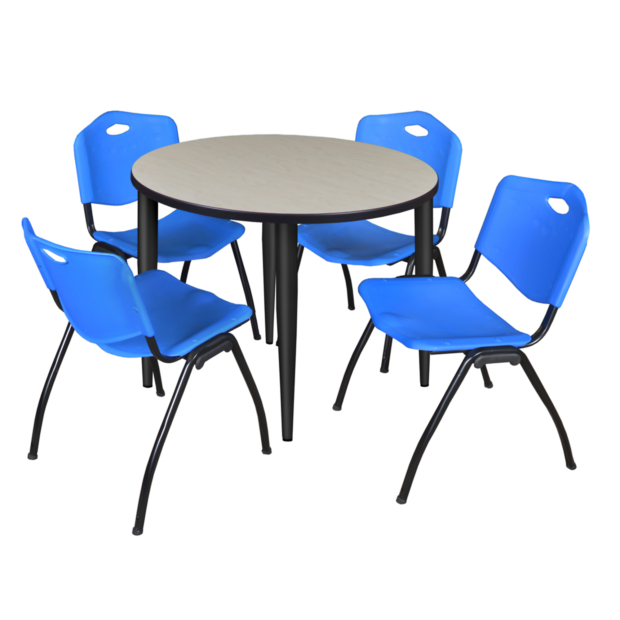Regency Kahlo Round Breakroom Table Set — 36in., Maple/Cherry Top, Black Base, 4 Blue Stack Chairs, Model# TPL36RNDPLBK47BE