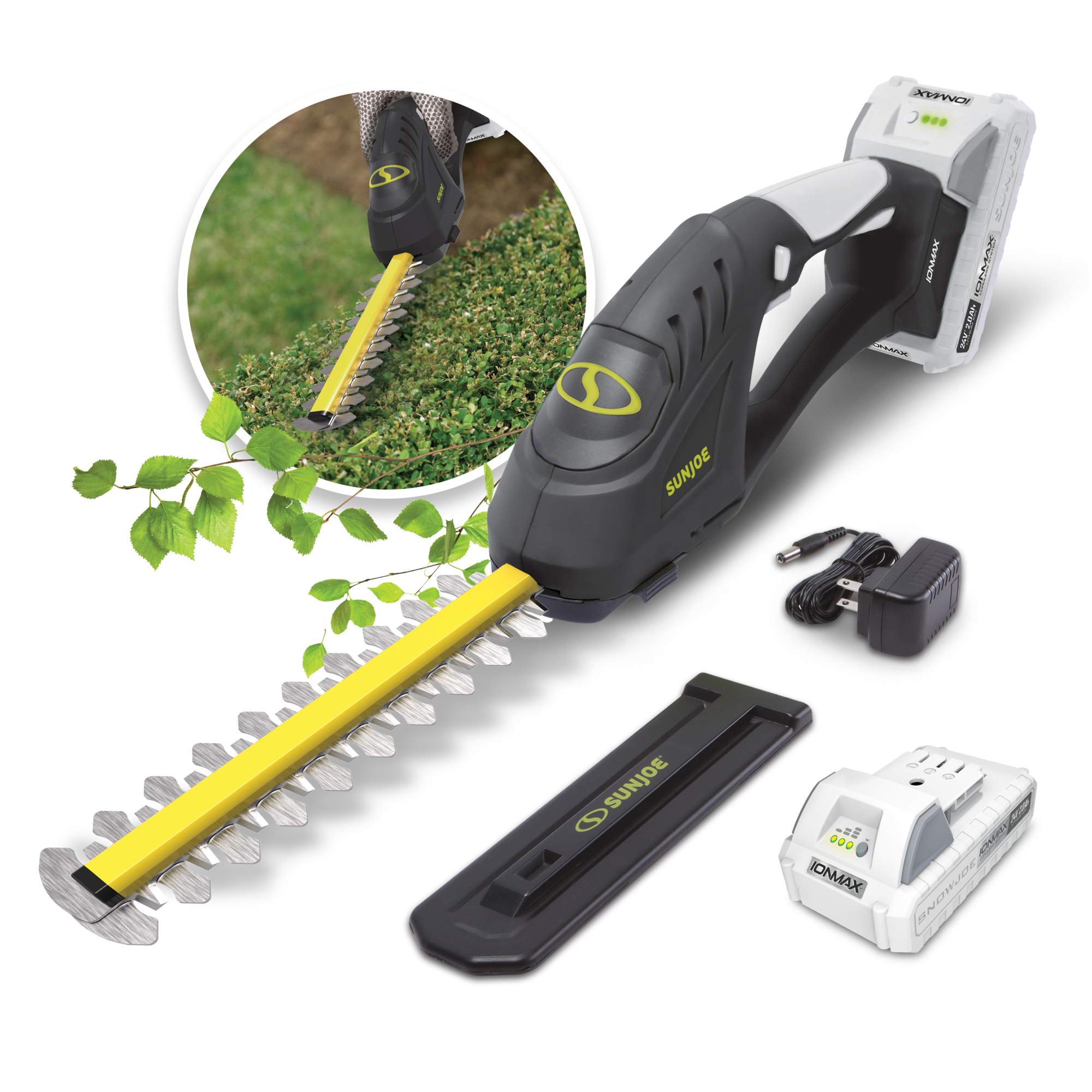 Sun Joe Cordless Handheld Hedge Trimmer Kit — 24V, 7in. Steel Blades, 2.0Ah Battery and Charger, Model# 24V-SSEG-LTE