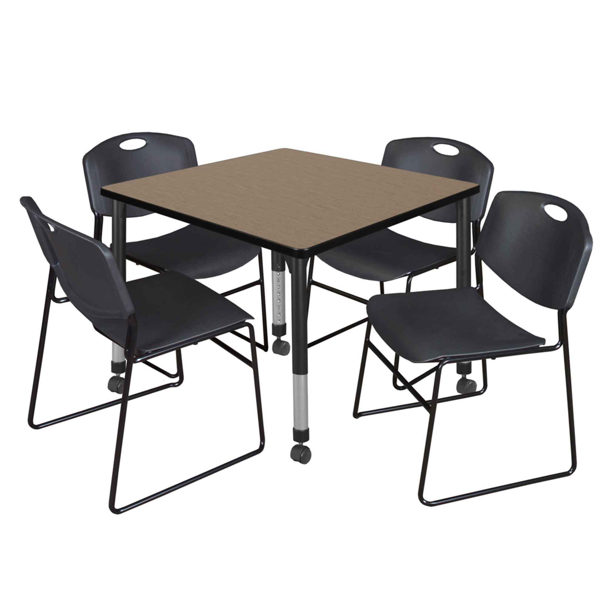 Regency Kee Mobile Adjustable Classroom Table Set — 36in. Square, Noble Oak Top, Black Base, Includes 4 Black Zeng Stack Chairs, Model# TB3636NOAPCBK44BK