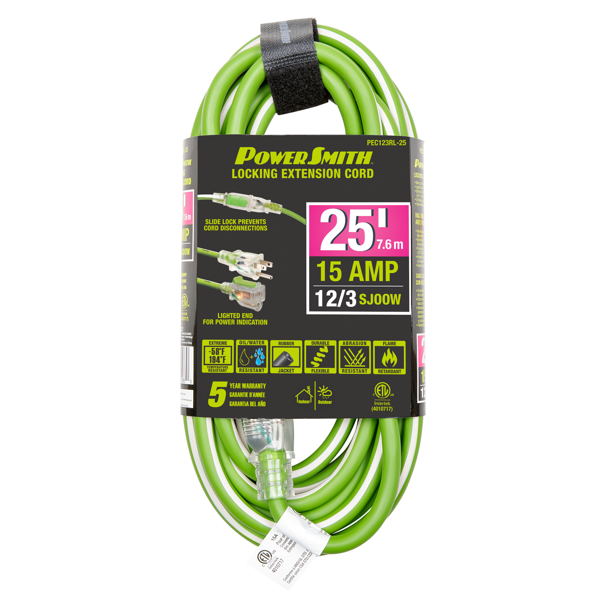 PowerSmith Heavy Duty Extension Cord — 12/3, 25ft., SJOOW, Lighted End, Extreme Temperature, Model# PEC123RL-25