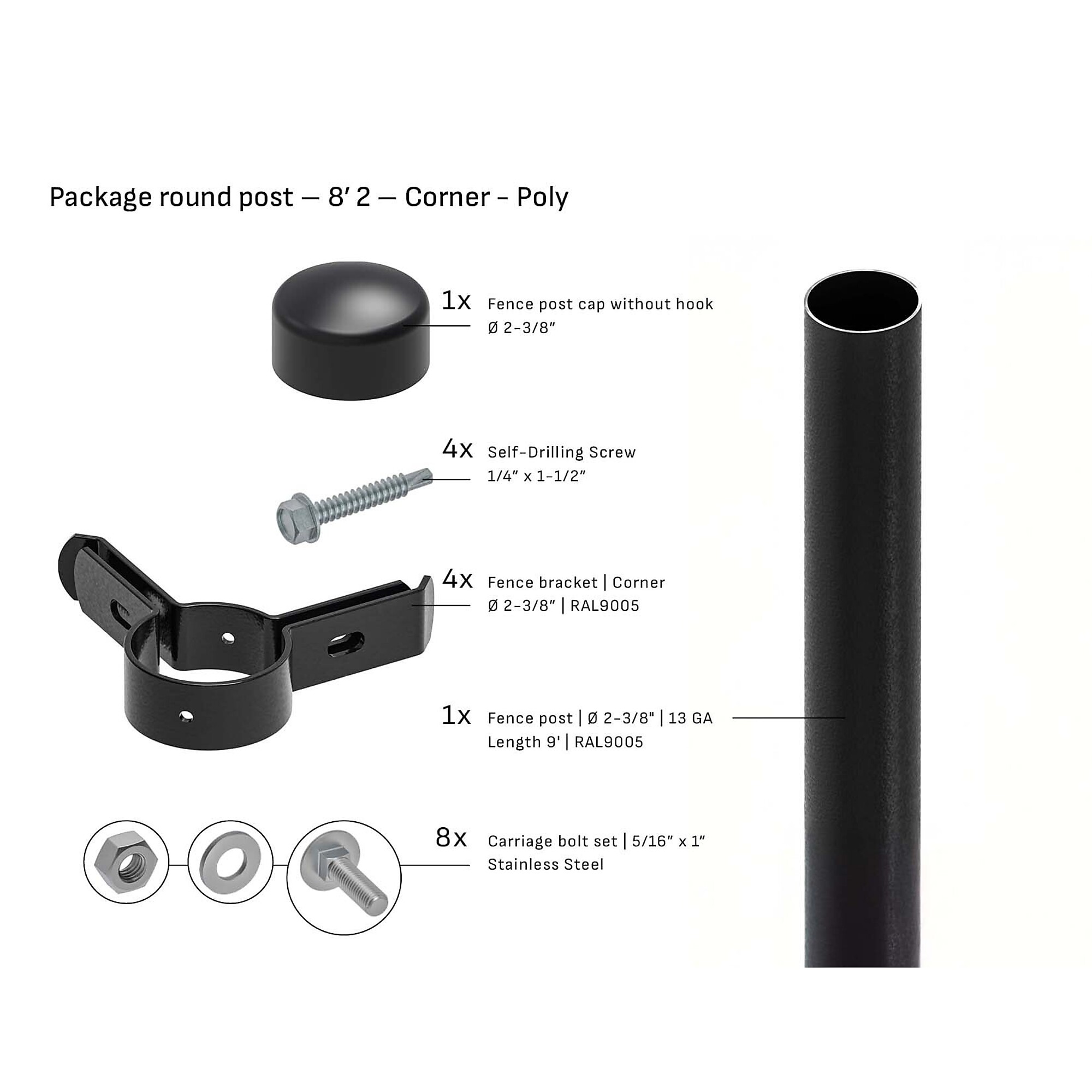Tarter Poly Cap Corner Fence Post — 2-3/8in. x 8ft. 2in., Black Powder-Coated Steel, 12-Ga., Model# 2001009