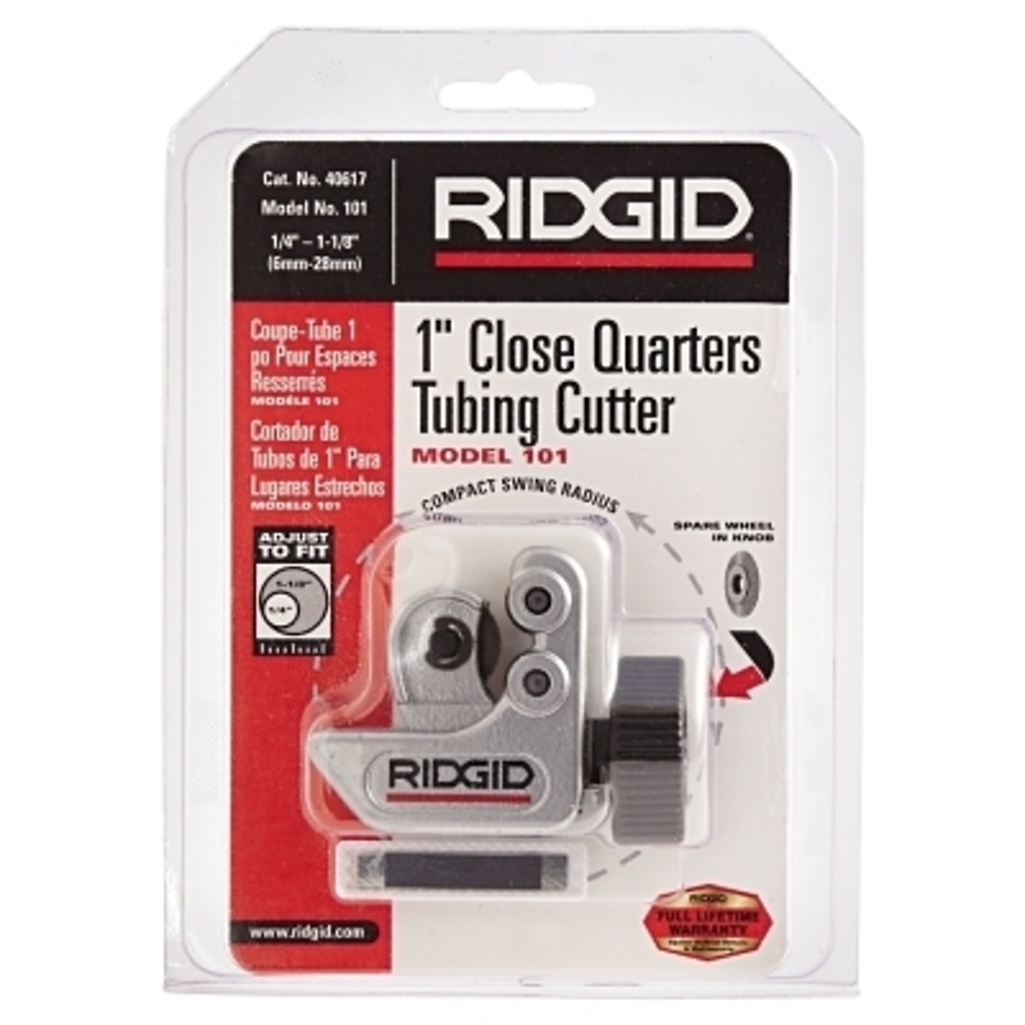RIDGID Close Quarters Tubing Cutter, Model 101, 1/4 in to 1-1/8 in Cutting Capacity, Includes Spare Cutter Wheel (40617)