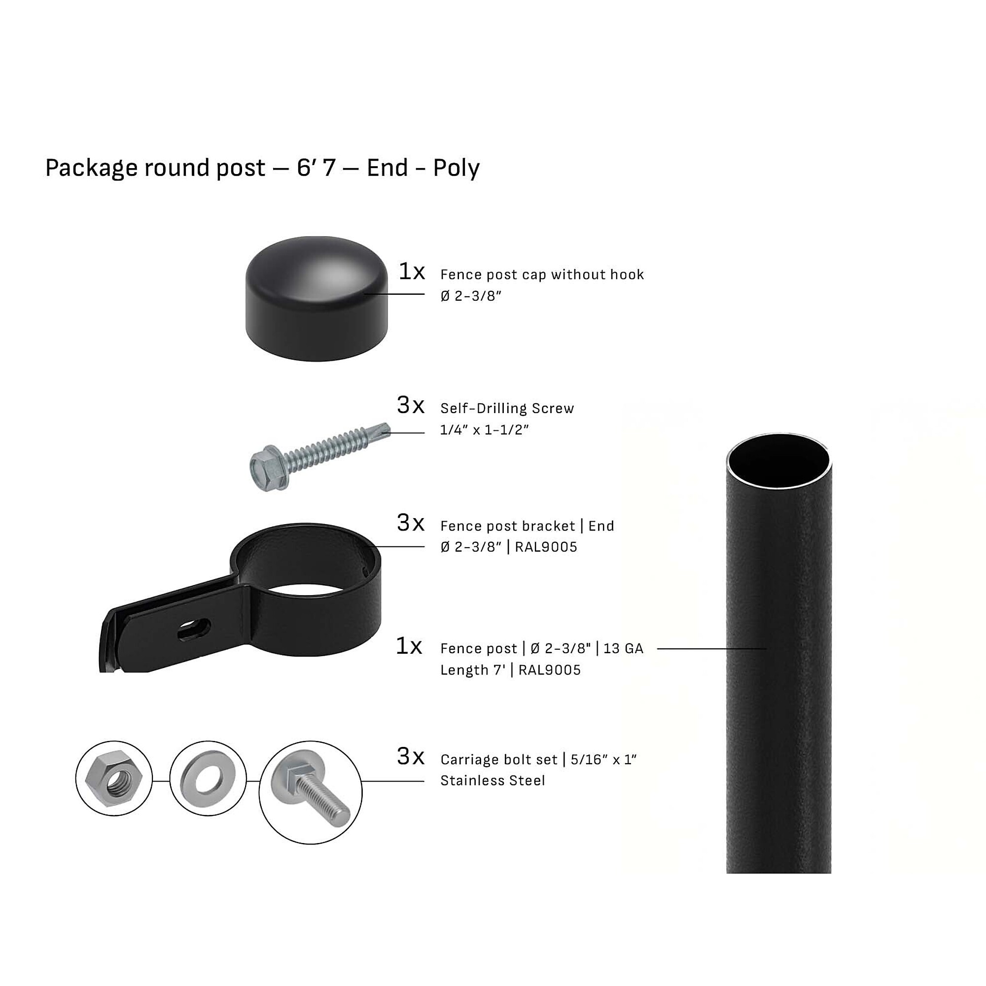 Tarter Round Steel End Fence Post — 2-3/8in. x 6ft. 7in., 12-Ga. Steel, Black, Poly Cap, Model# 2001002