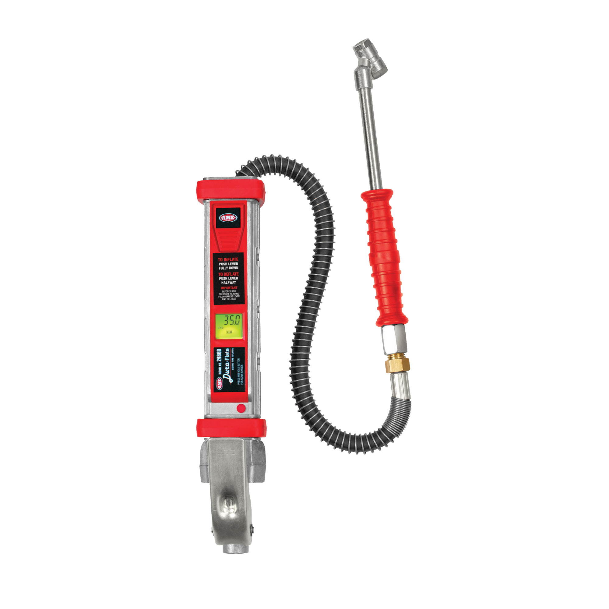 AME Dura-Flate Digital Tire Inflator — Model 24869, 0–174 PSI Range, Die-Cast Aluminum Body, Dual Hold-On Chuck, 20in. Hose, Backlit Digital Display