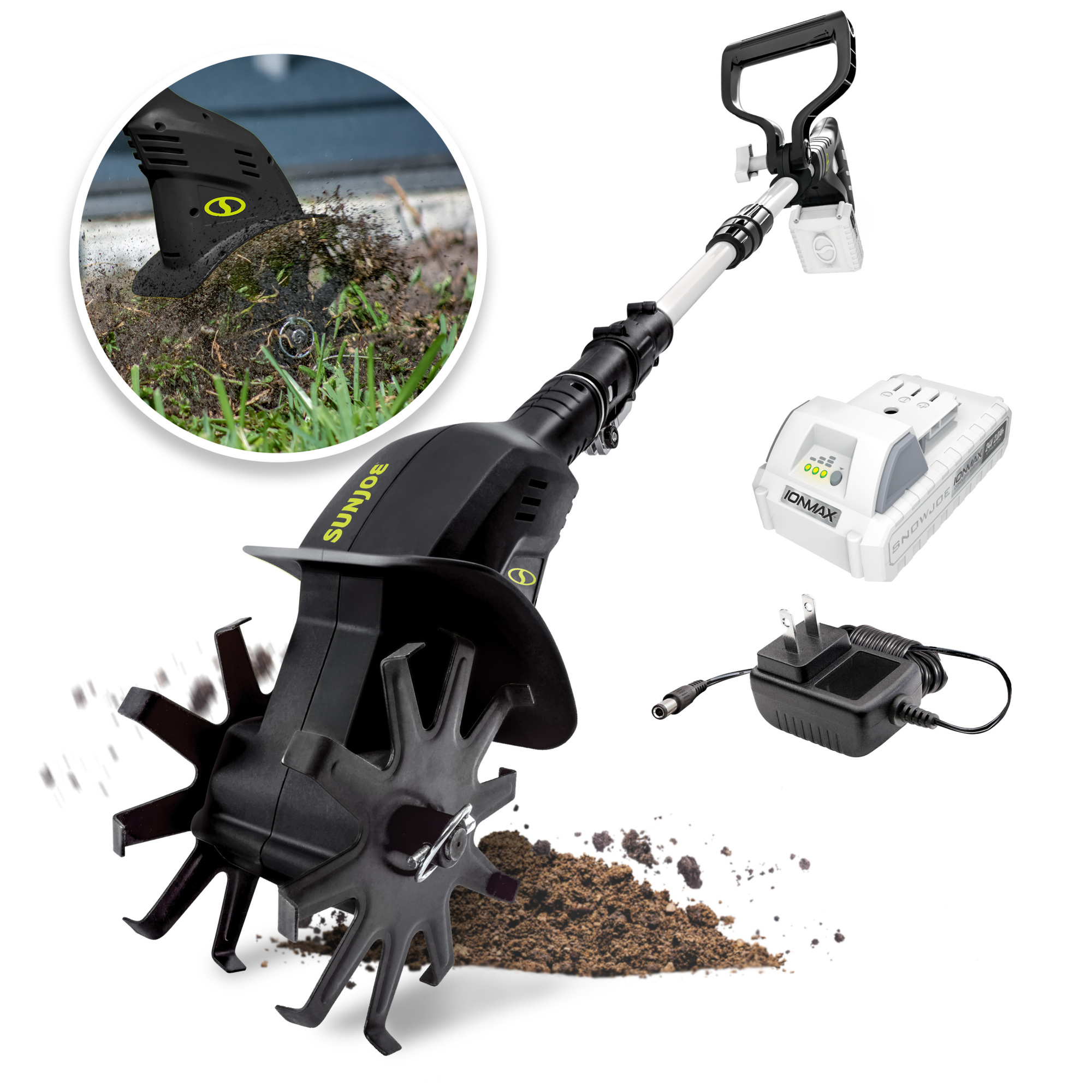 Sun Joe Cordless Garden Tiller/Cultivator Kit — 24V, 2.0Ah Battery, 6in. Tilling Blades, Adjustable Handle, Model# 24V-TLR-LTE