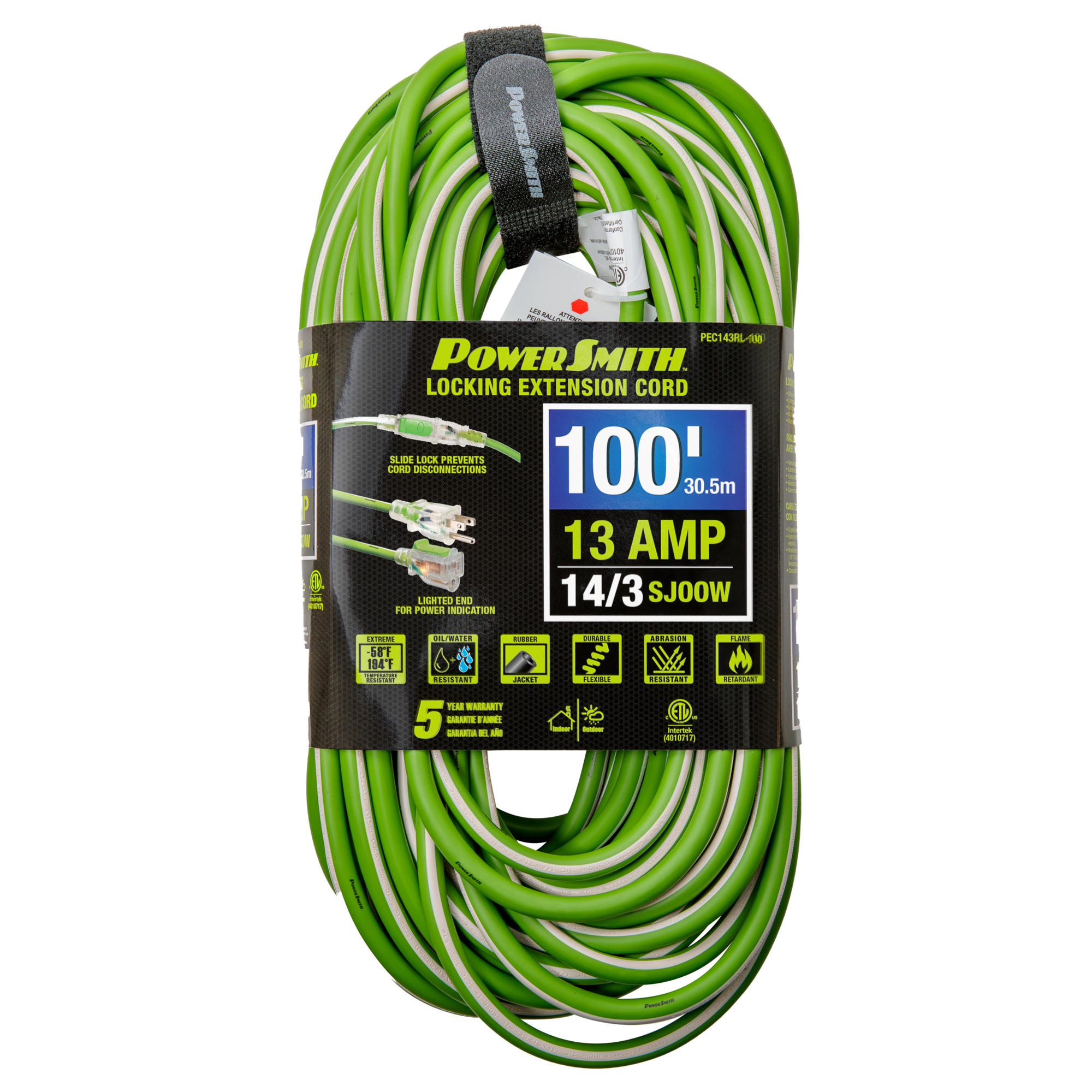 PowerSmith Medium Duty Extension Cord — 100ft., 14/3, SJOOW, Lighted End, All-Weather Durability, Model# PEC143RL-100