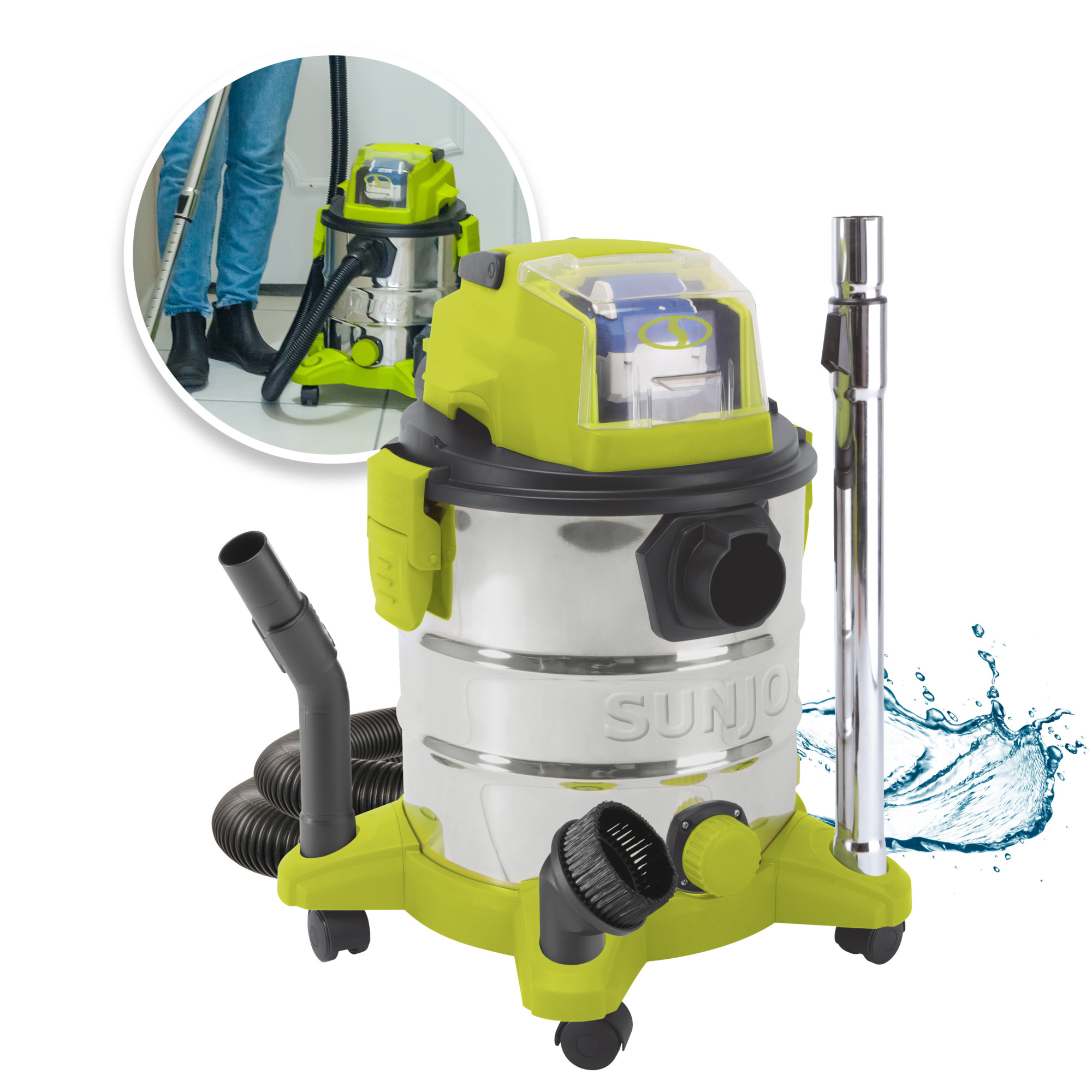 Sun Joe Cordless Portable Wet/Dry Vacuum Kit — 24V, 5.3 Gal, Stainless Steel Tank, 4.0Ah Battery and Charger, Model# 24V-WDV6000