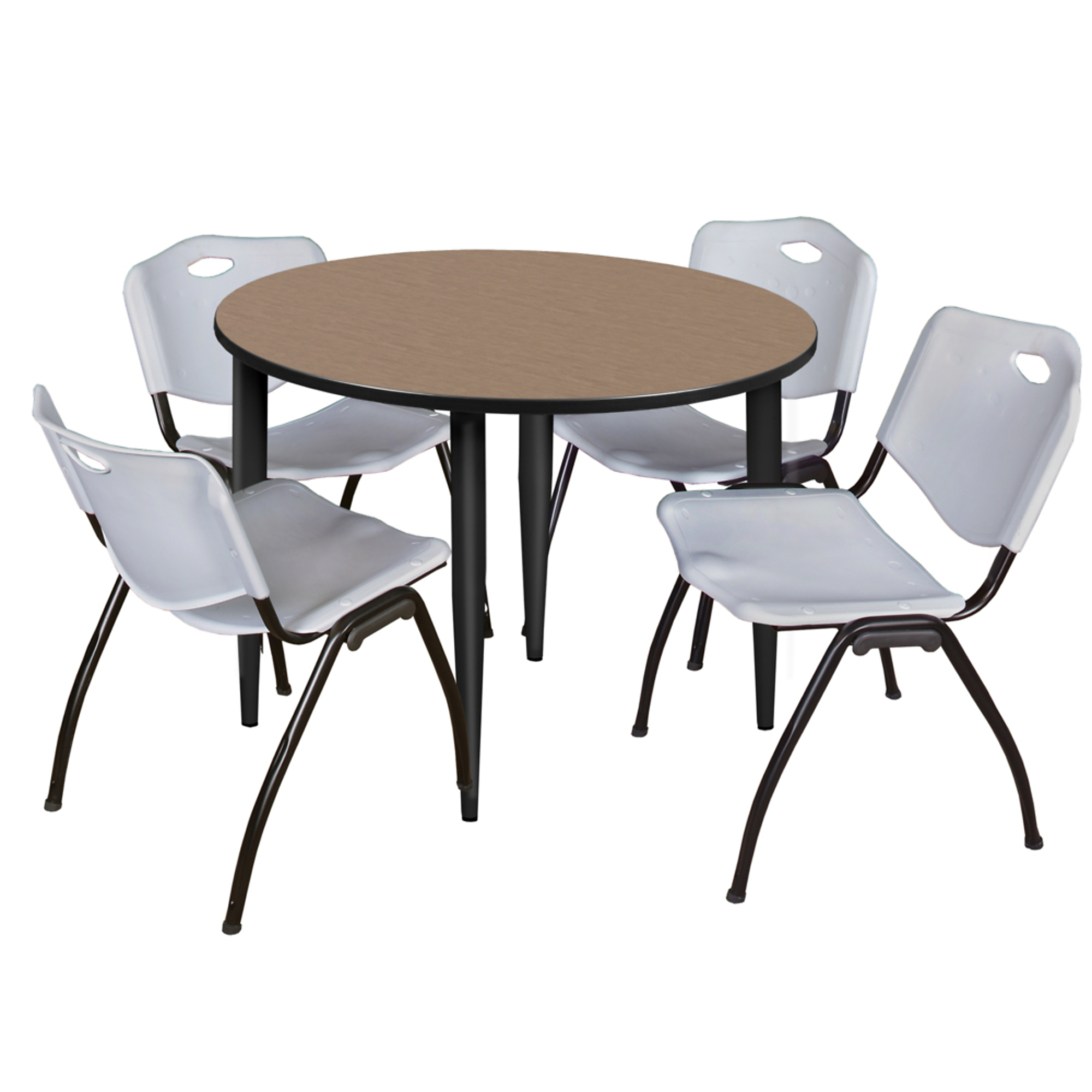 Regency Furniture Kahlo Breakroom Table Set — 48in. Round, Noble Oak Top, Black Base, 4 Grey Stack Chairs, Model# TPL48RNDNOBK47GY