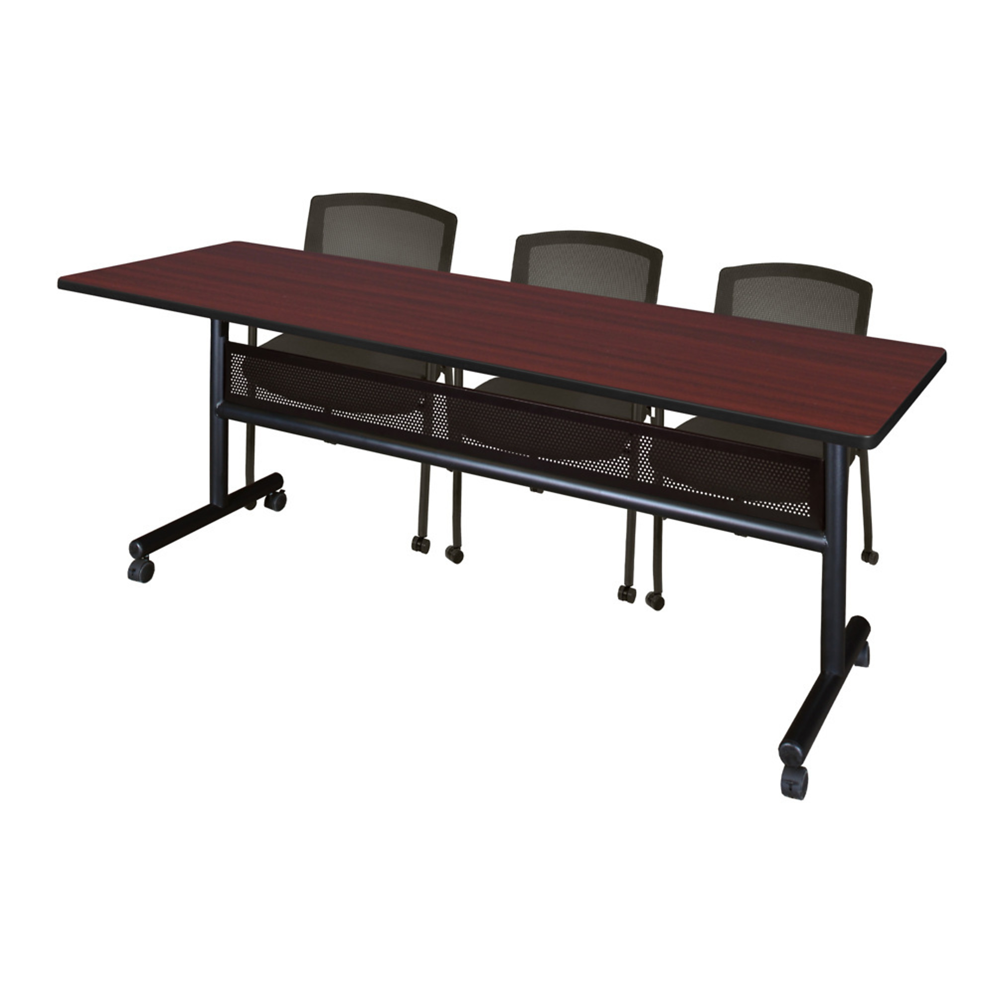 Regency Kobe Flip-Top Training Nesting Table with Modesty Panel and 2 Knight Mesh Chairs — 84in. x 24in., Mahogany, Model# MKFTM8424MH56CBK