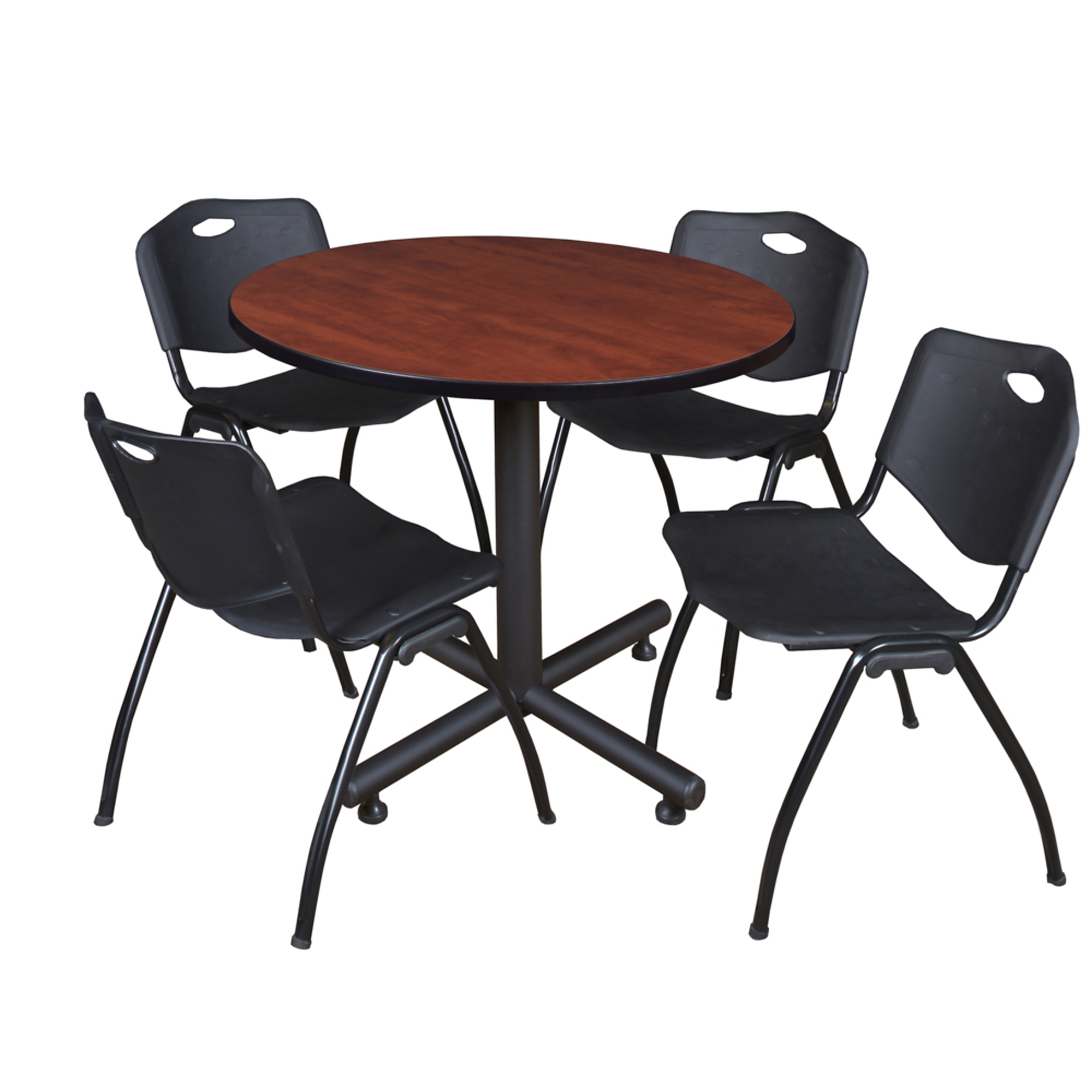 Regency Furniture Kobe Round Breakroom Table with X-Base and 4 Stack Chairs — 36in., Cherry/Black, Model# TKB36RNDCH47BK