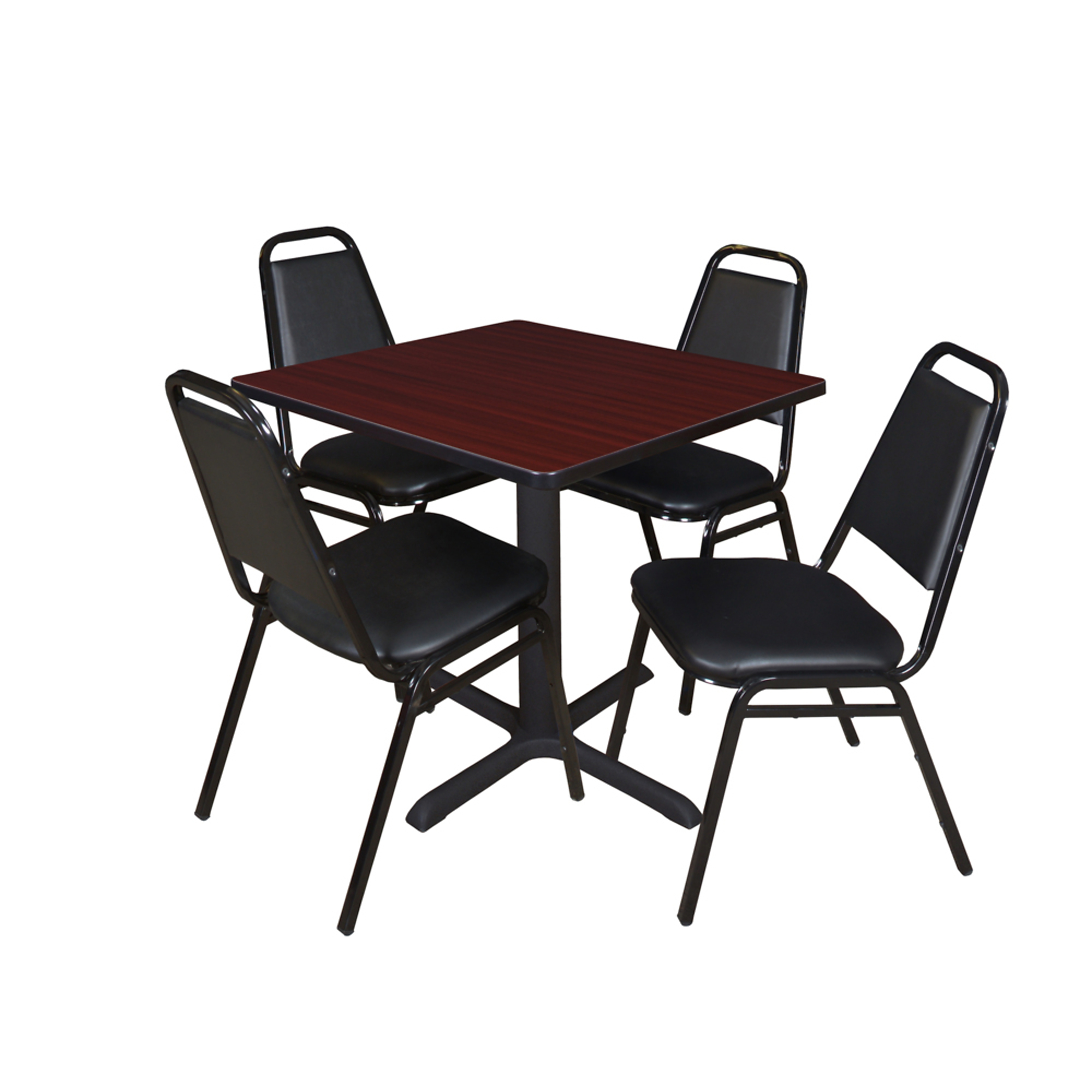 Regency Cain Square Breakroom Table with X-Base — 30in., Mahogany/Grey, Includes 4 Black Restaurant Stack Chairs, Model# TB3030MH29BK