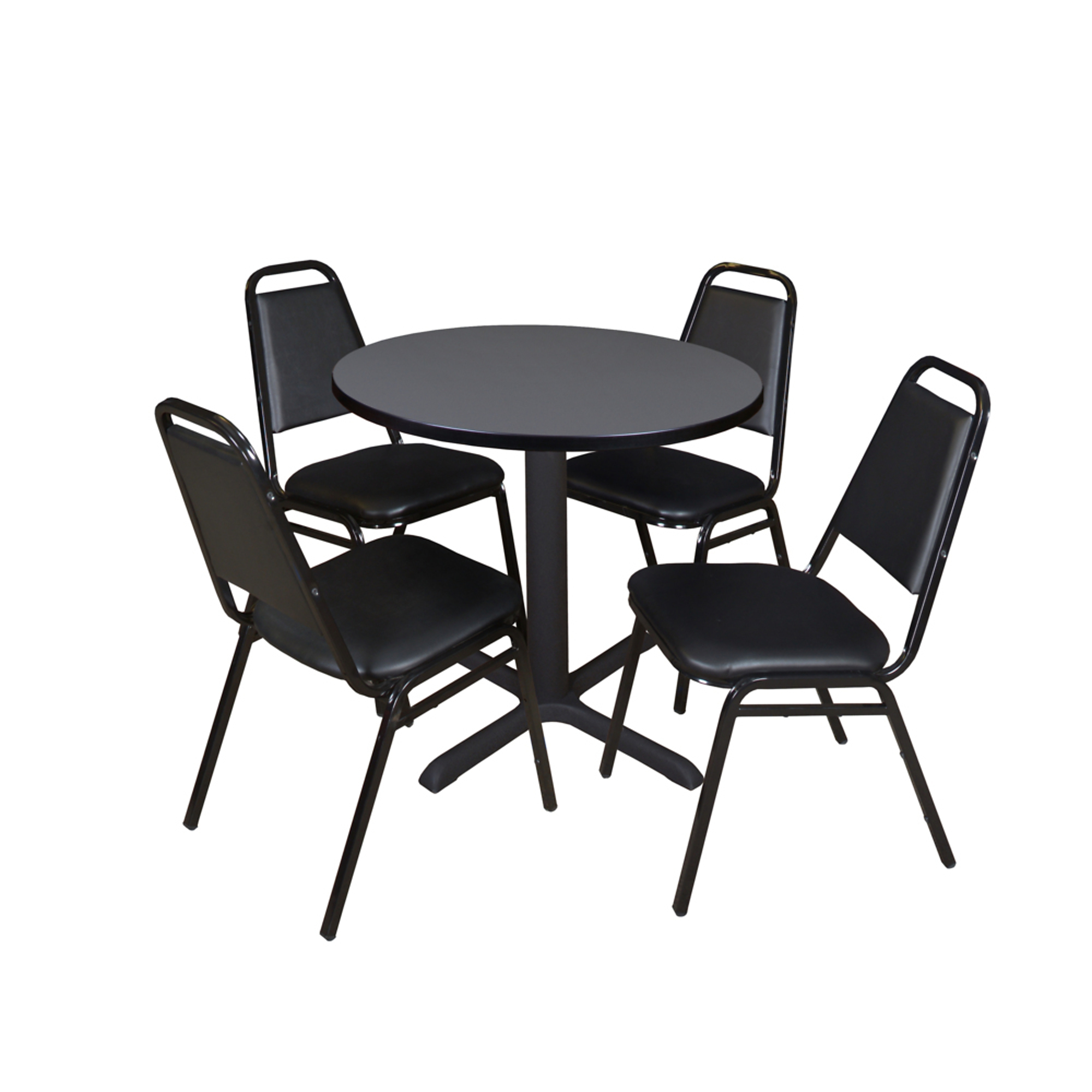 Regency Cain Round Breakroom Table and Restaurant Stack Chairs Set — 30in. Grey Table, X-Base, 4 Black Chairs, Model# TB30RNDGY29BK