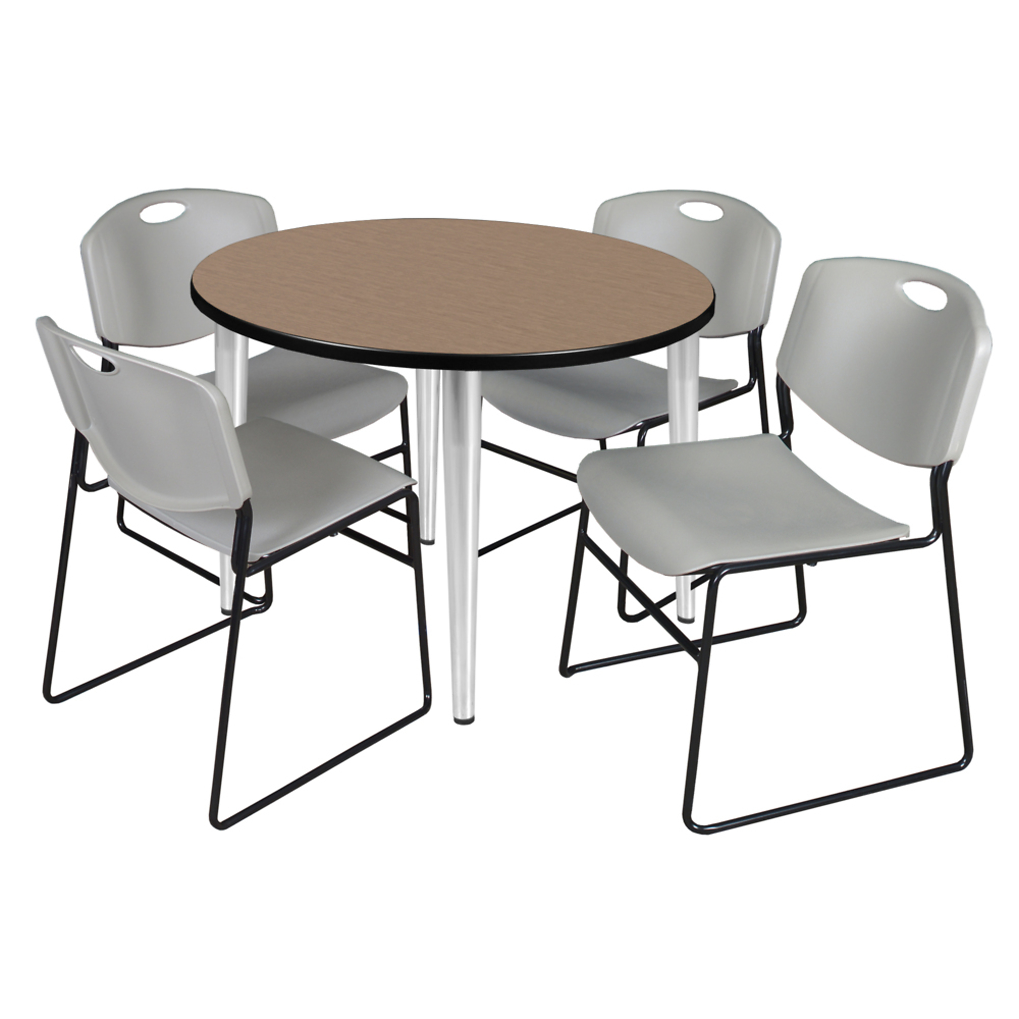 Regency Kahlo Round Breakroom Table Set — 36in. Noble Oak Top, Chrome Base, 4 Grey Zeng Stack Chairs, Model# TPL36RNDNOCM44GY