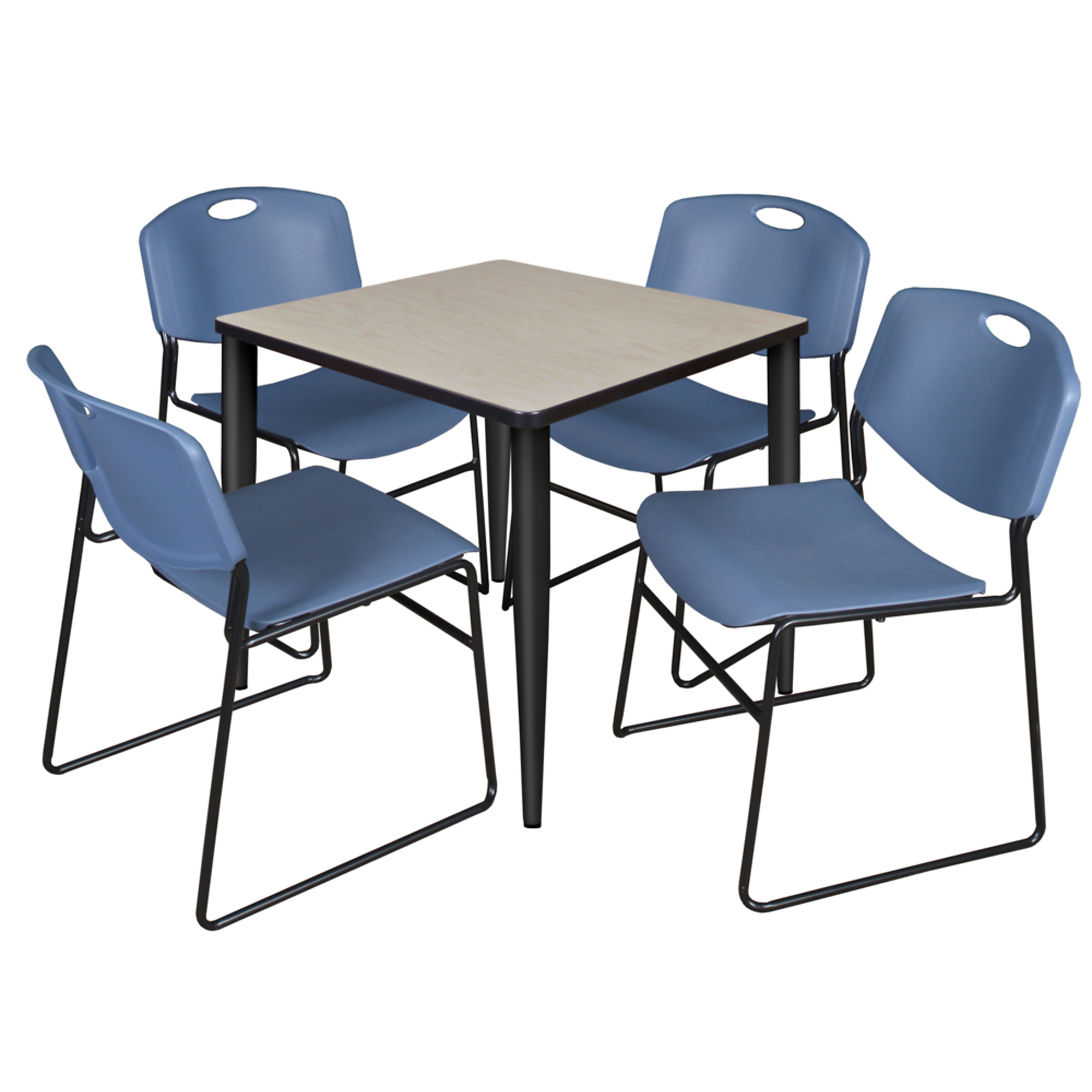 Regency Kahlo Breakroom Table Set — 30in. Square, Maple/Cherry Top, Black Base, 4 Blue Zeng Stack Chairs, Model# TPL3030PLBK44BE