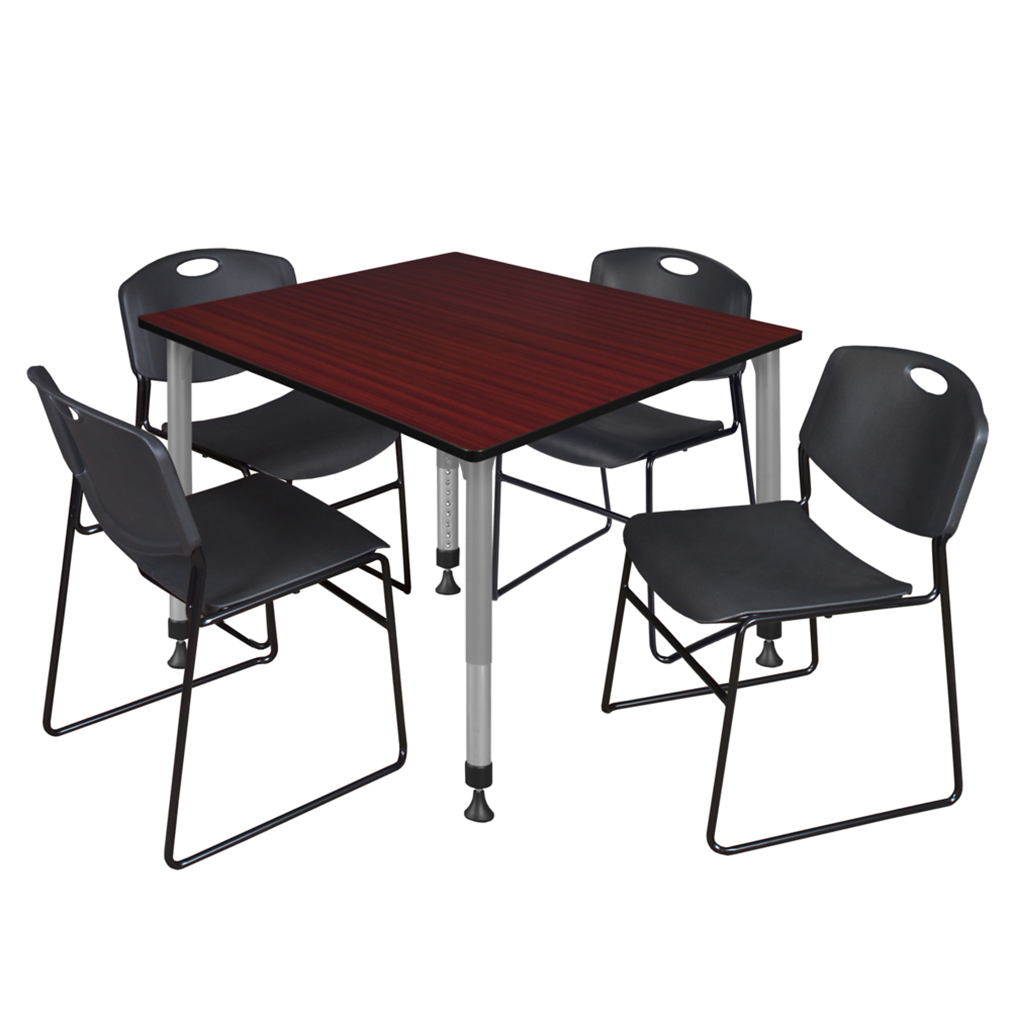 Regency Kee Adjustable Classroom Table Set — 48in. Square Mahogany Table, 4 Zeng Stack Chairs, Black & Grey Base, Model# TB4848MHAPGY44BK