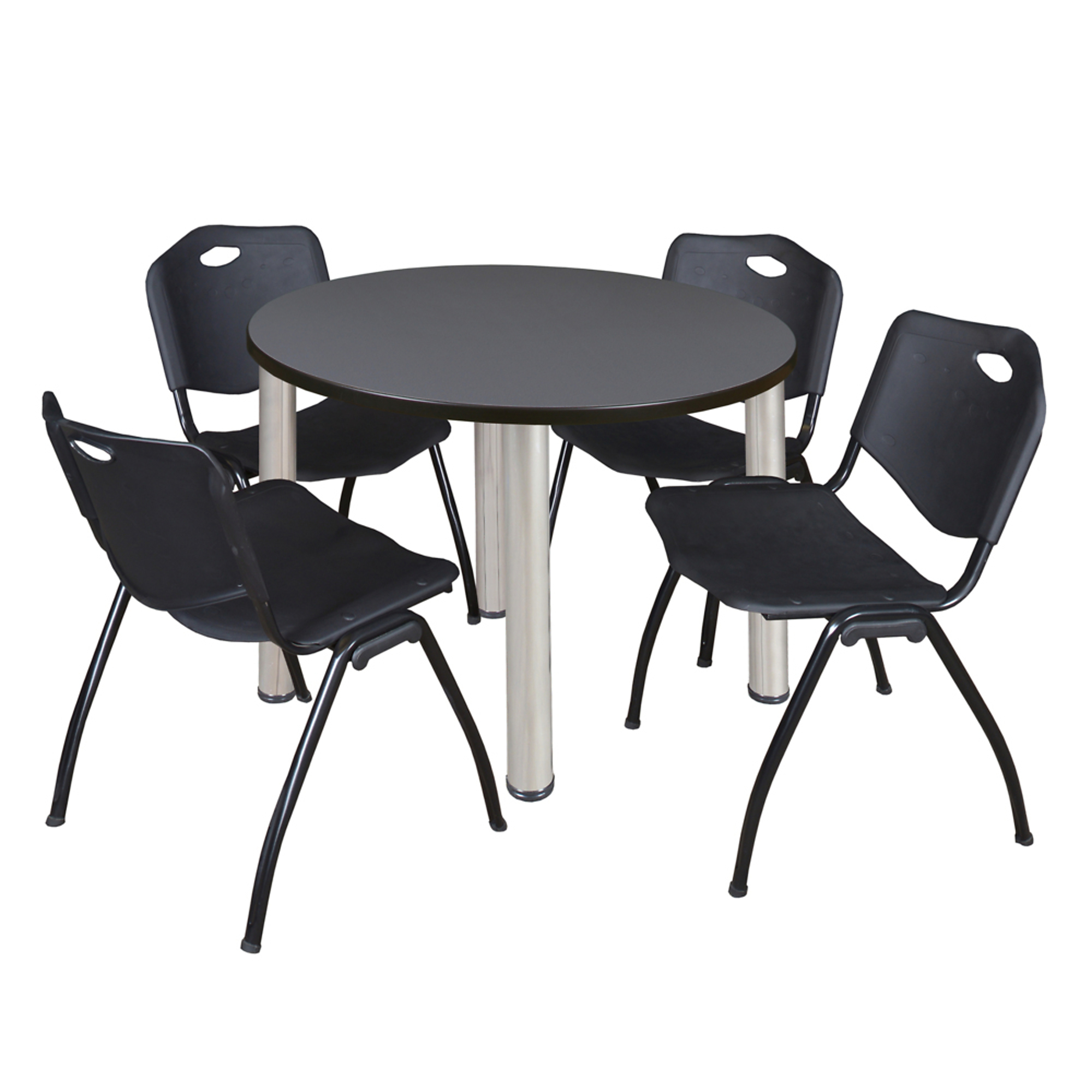 Regency Kee Round Breakroom Table Set — 36in. Grey Top, Chrome Legs, 4 Black Stack Chairs, Model# TB36RNDGYBPCM47BK