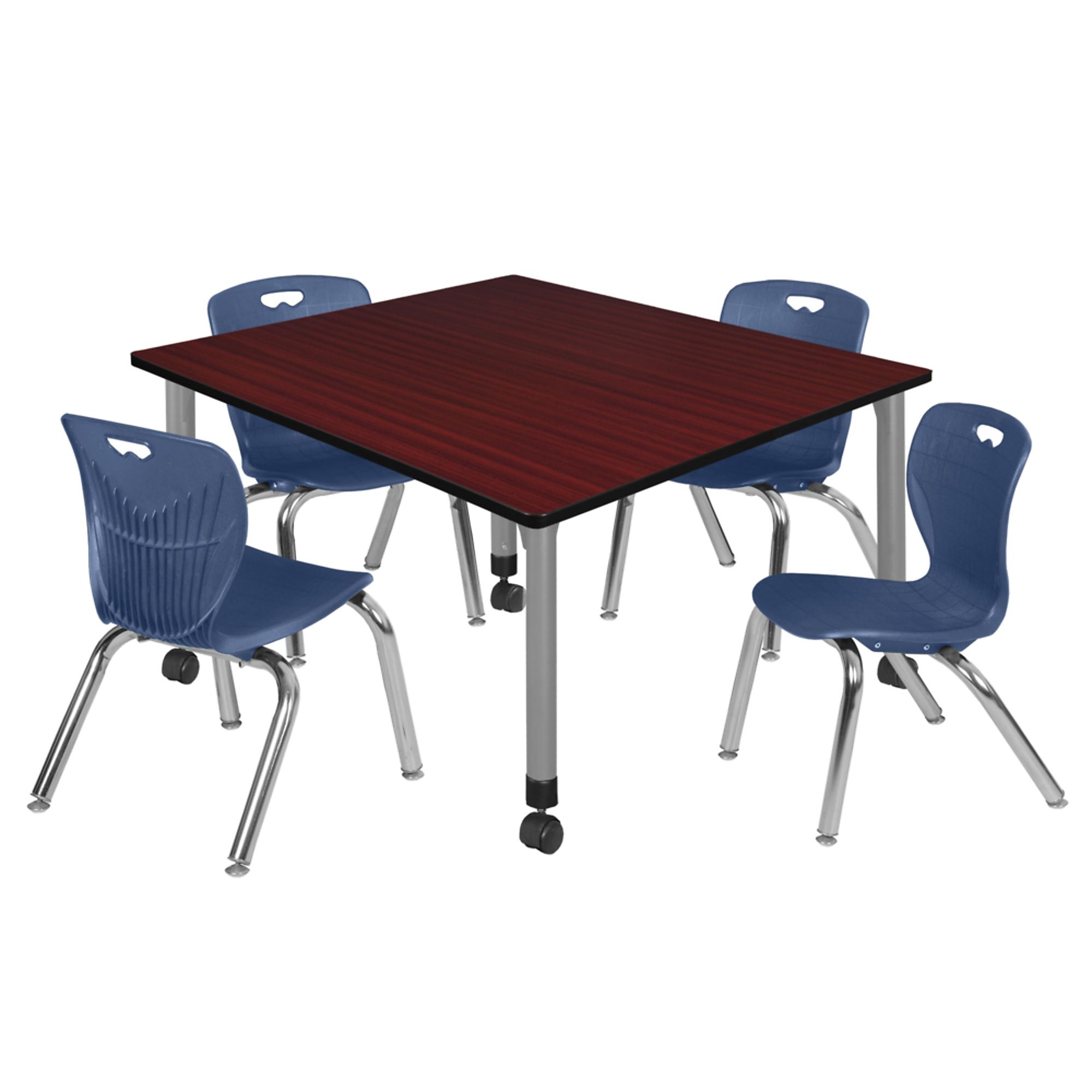 Regency Kee Mobile Adjustable Classroom Table and Andy Stack Chairs Set — 48in. Square, Mahogany Tabletop, Includes 4 Navy Blue 12in. Chairs, Model# TB4848MHAPCGY45NV