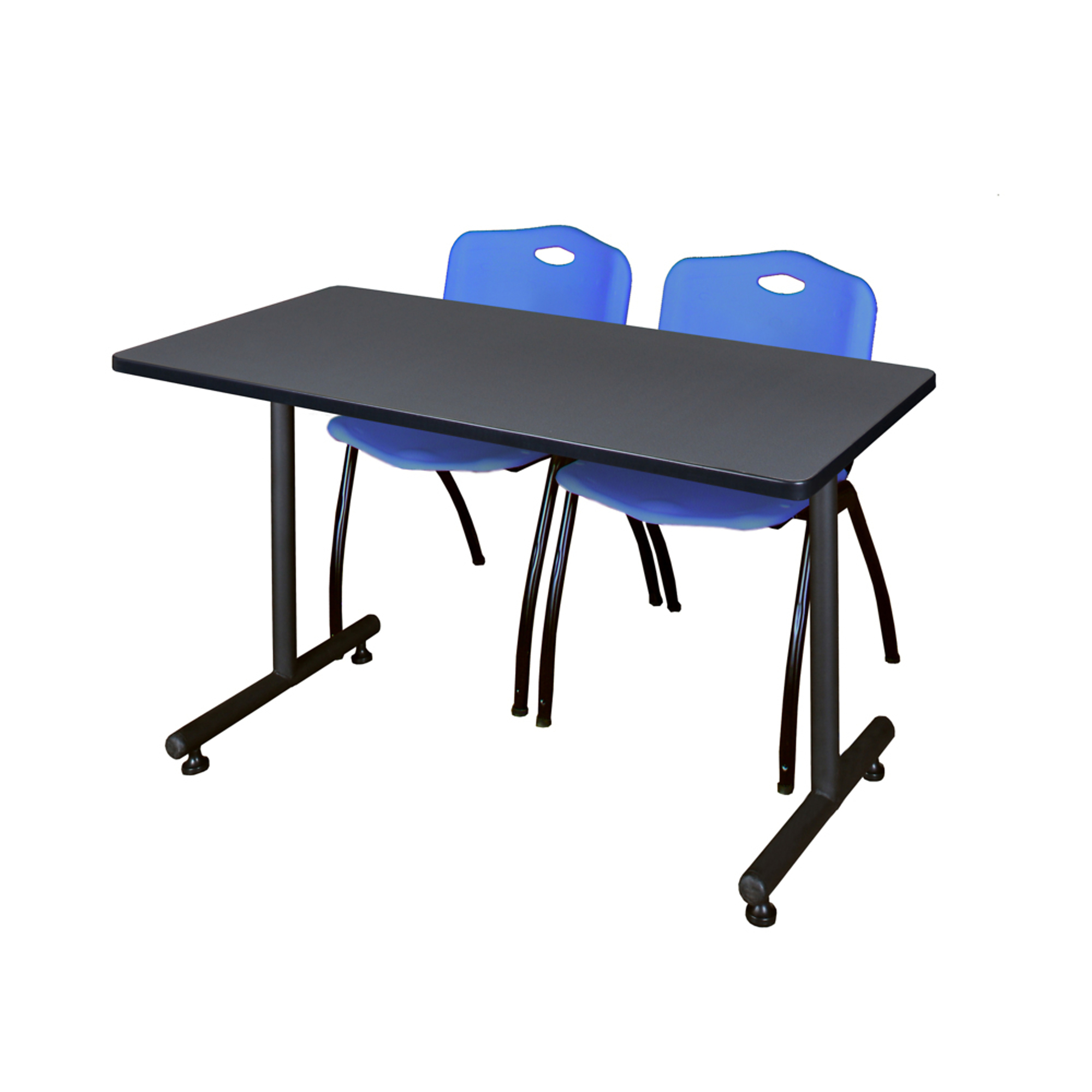 Regency Kobe Training Seminar Table with Stack Chairs — 48in. x 30in., Grey/Mahogany, 2 Blue Chairs, Model# MKTRCT4830GY47BE