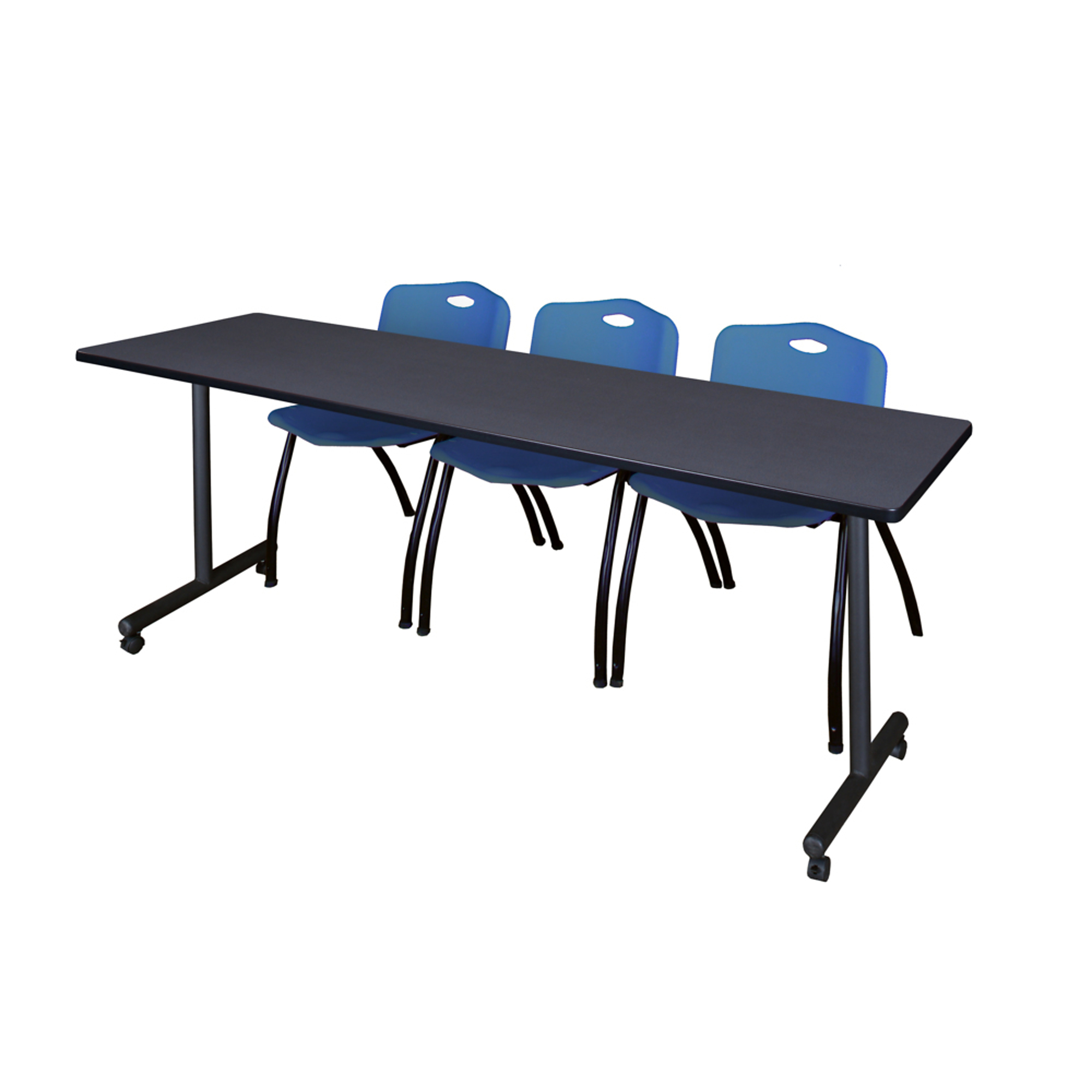 Regency Kobe Mobile T-Base Training Table Set — 84in. x 24in., Grey, Includes 2 Blue M Stack Chairs, Model# MKTRCC8424GY47BE