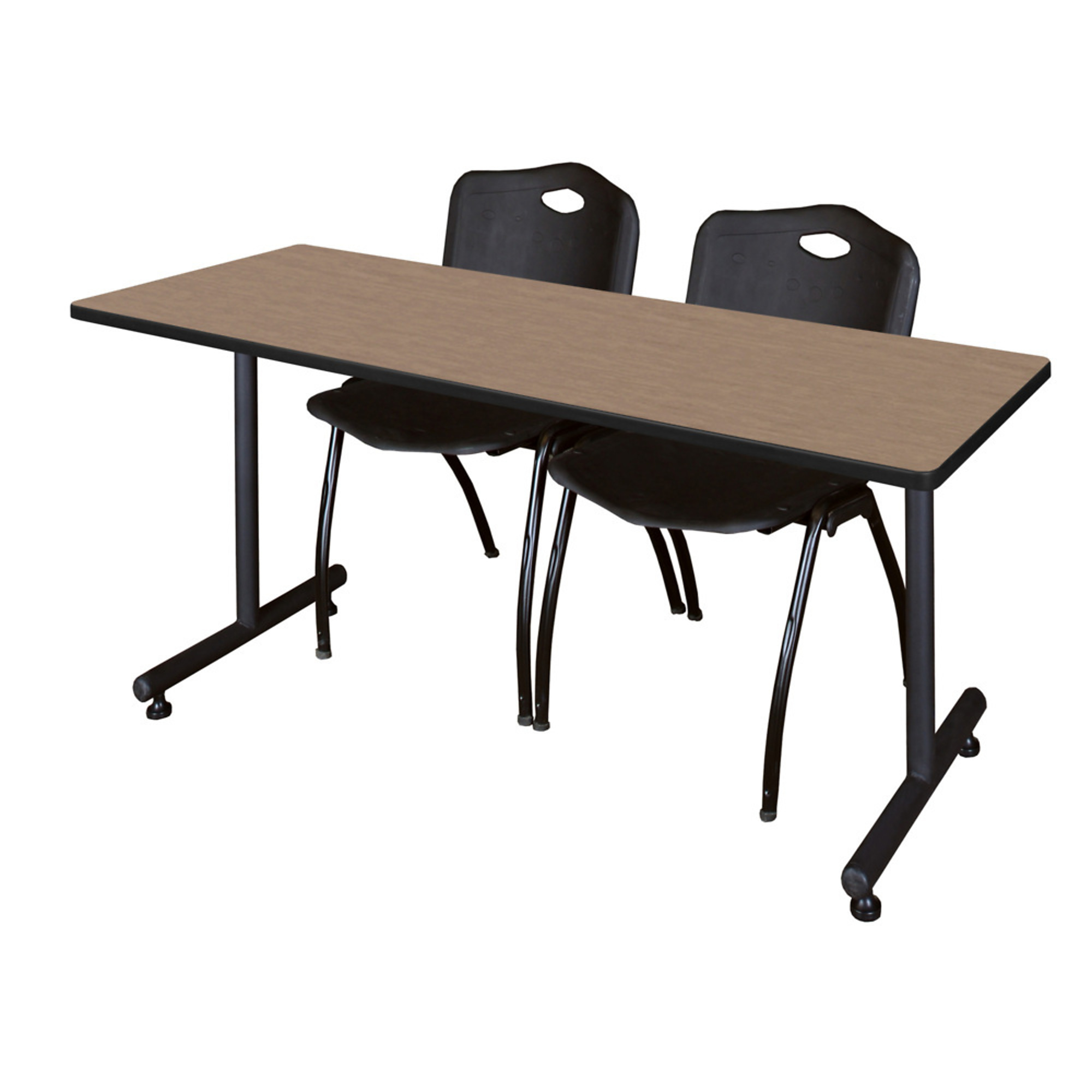 Regency Kobe Training Seminar Table with T-Base and 2 M Stack Chairs — 72in. x 24in., Noble Oak, Black, Model# MKTRCT7224NO47BK