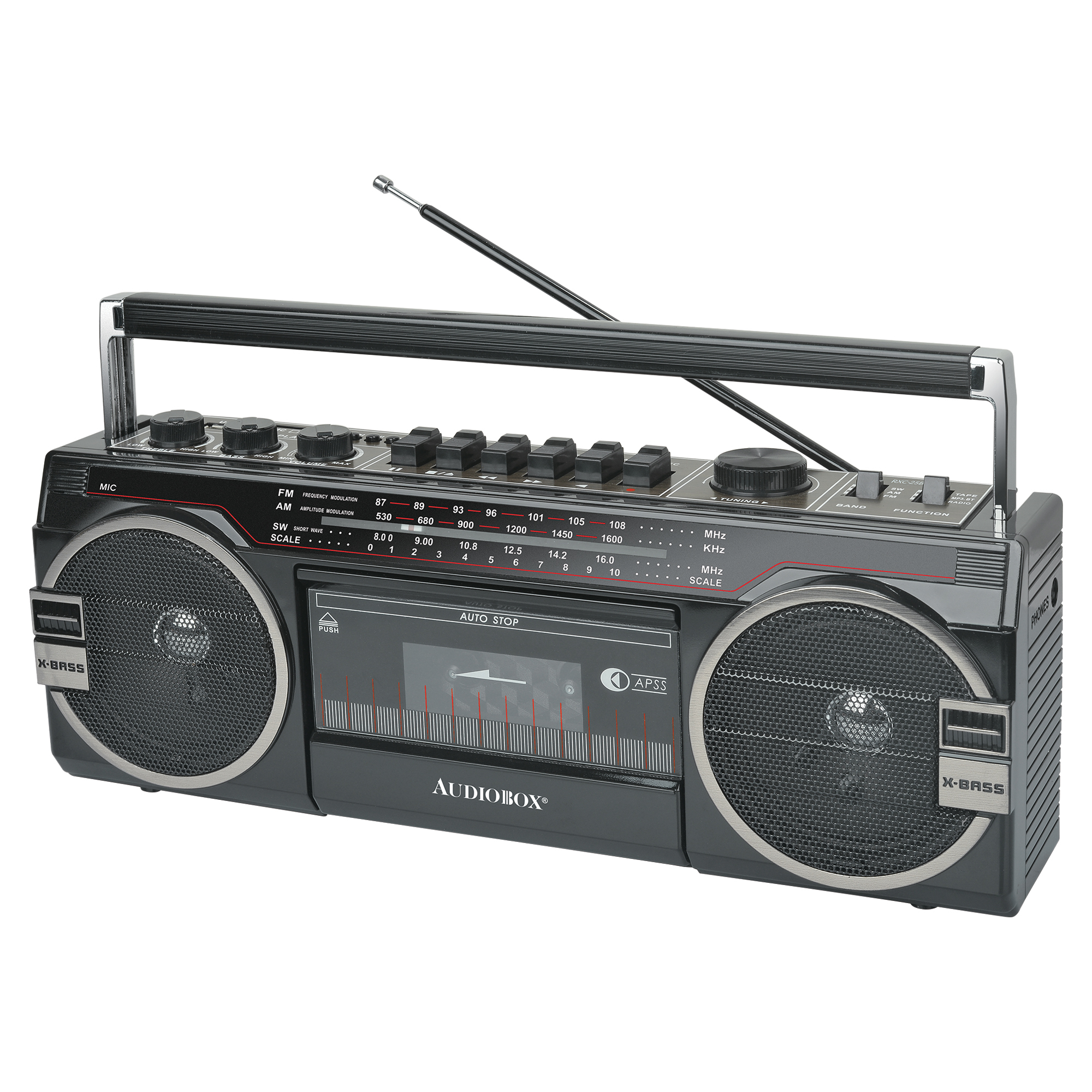 Audiobox Portable Cassette Player & Recorder Boom Box — Bluetooth, 3-Band Radio, 10W, Black, Model# RXC-25BTBLK