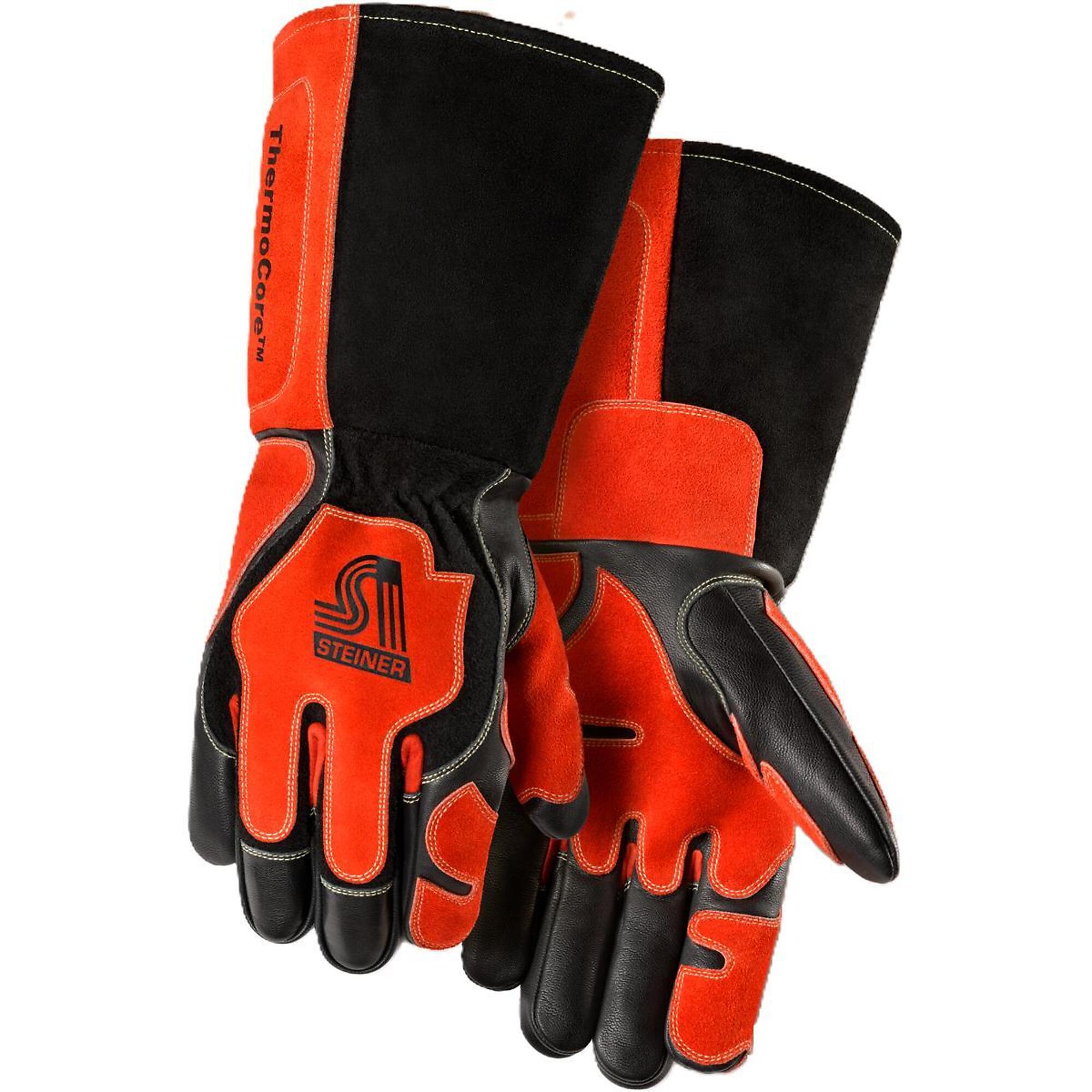 Steiner, Premium Heavyweight Grain Goatskin With Side Split Cowhide Back, Reverse Goatskin Reinforcements MIG/Stick Welding Gloves - Extra thick ThermoCore™ Foam Lined back, GlidePad™, Long Cuff, Model # 0300.
