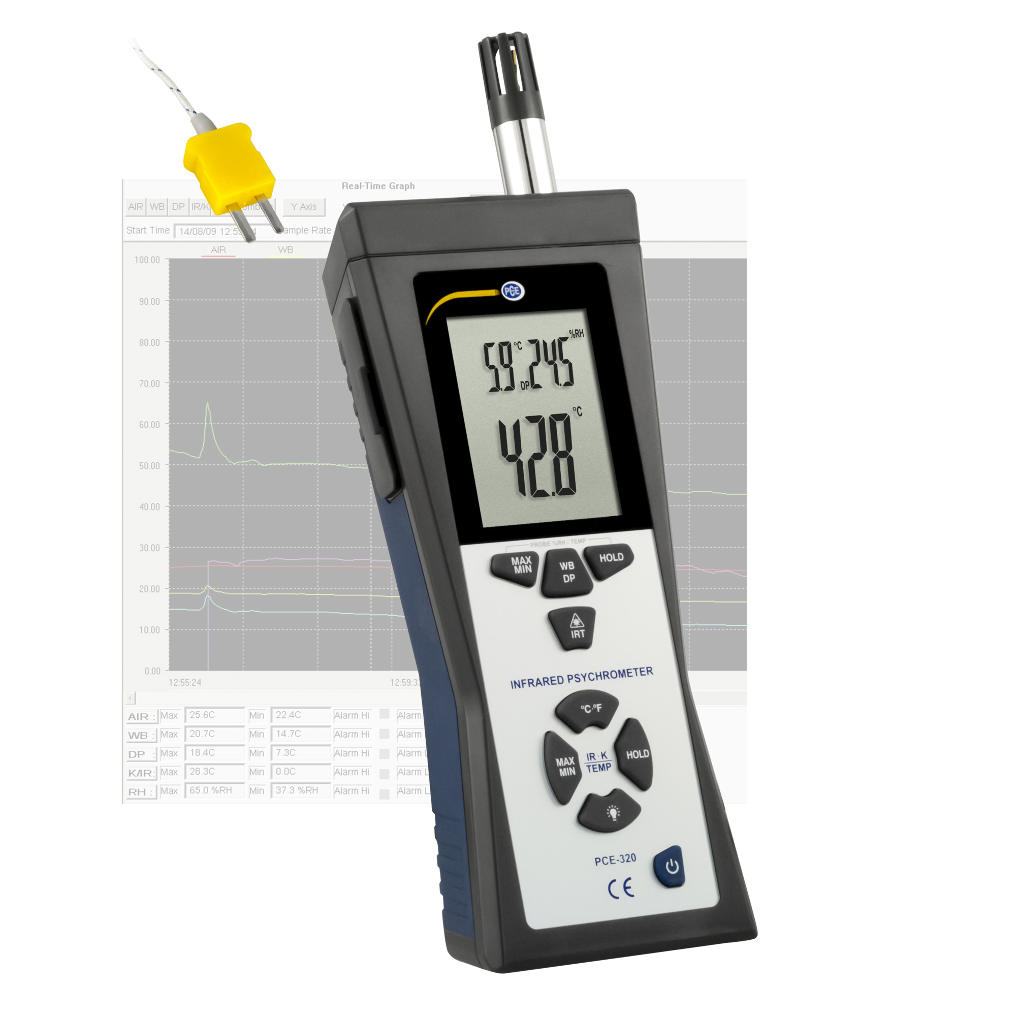 PCE Instruments Thermo-Hygrometer — Measures Temperature and Humidity, Infrared and External Sensor, Model# PCE-320