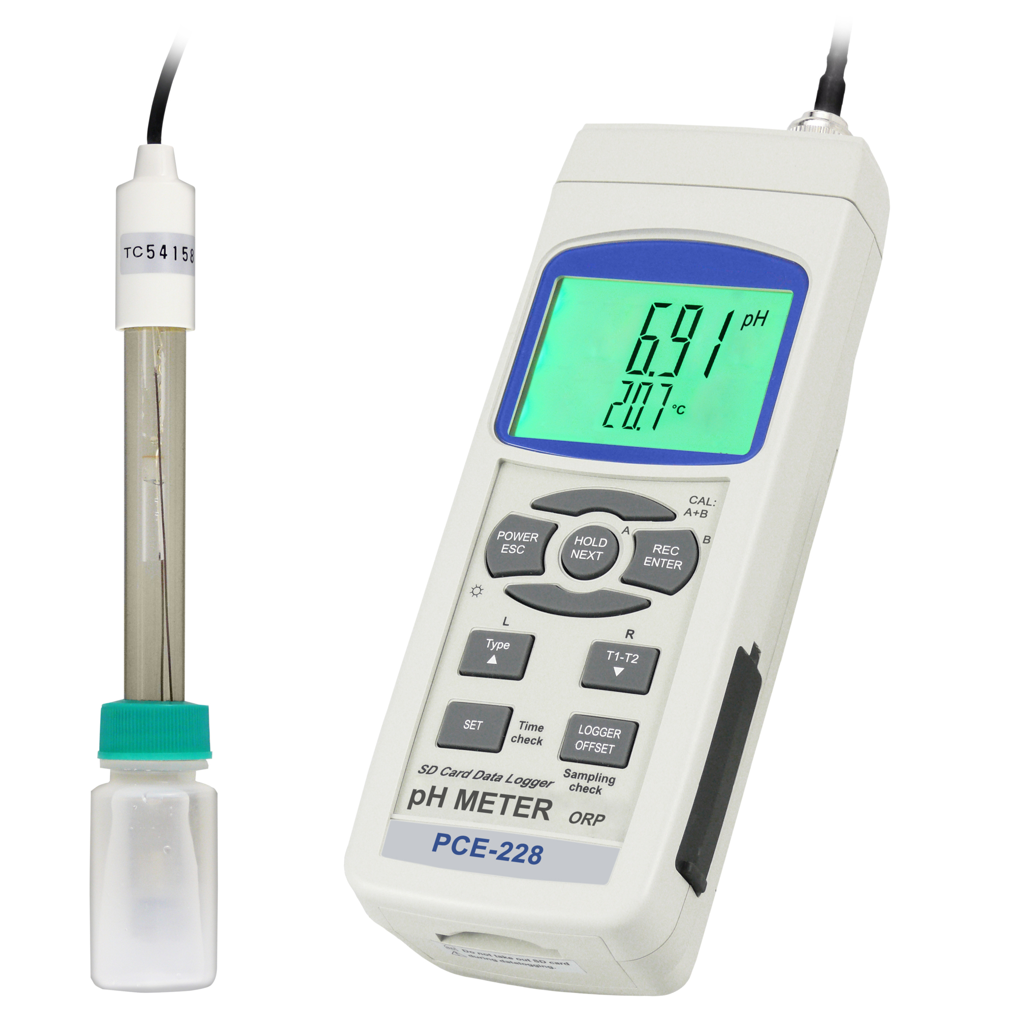 PCE pH Meter — Handheld, Measures pH/mV/°C, SD Card Storage, Model# PCE-228