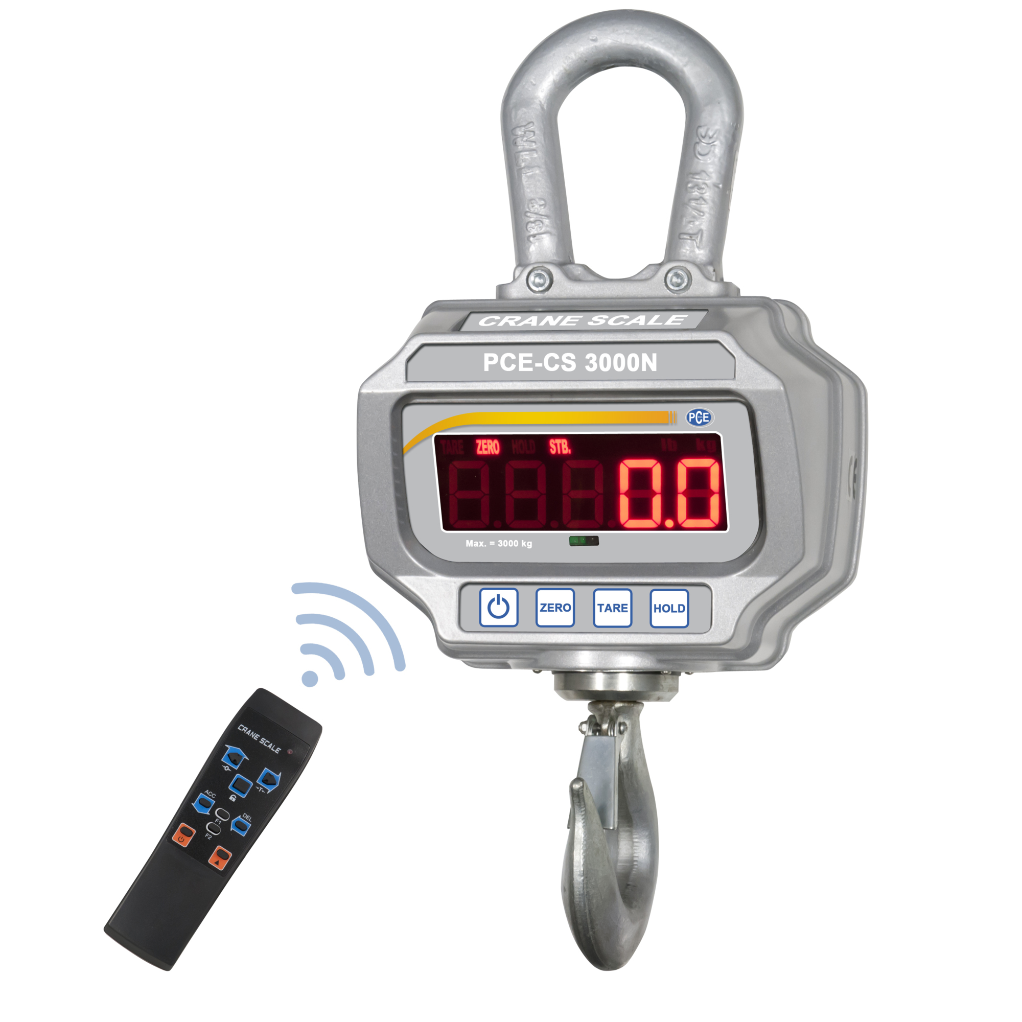 PCE Digital Crane Scale — 3000kg Capacity, Rechargeable Battery, Hook and Shackle, Remote Control, Model# PCE-CS 3000N