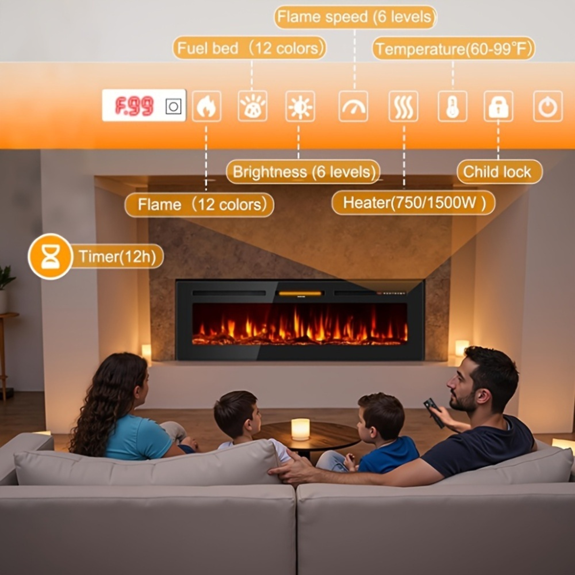 Fireplace Timer EdenDirect 60 in. Electric Fireplace Wall Mount with Multi-Color Flames ...