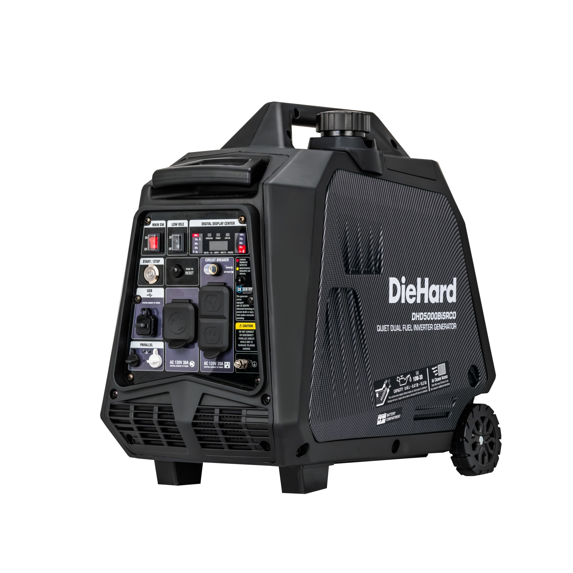 DieHard Dual-Fuel Inverter Generator — 4000W Gas/3600W LPG Rated, 5000W Gas/4500W LPG Peak, CO Alert, Model# DHD5000BiSRCO