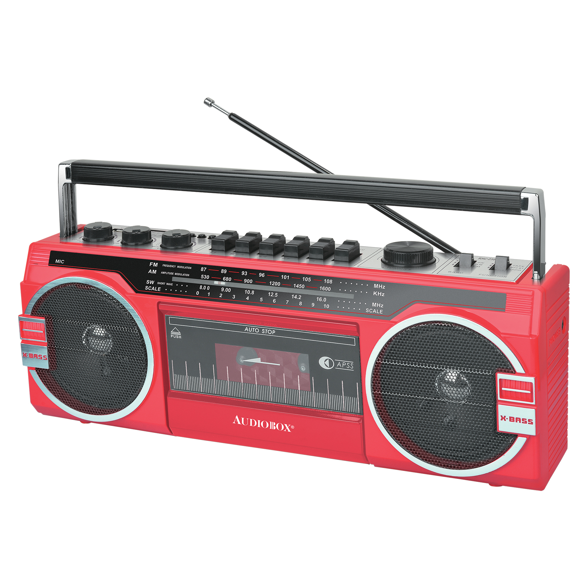 Audiobox Portable Cassette Player & Recorder Bluetooth Boom Box — 10W, 3-Band Radio, Red, Model# RXC-25BTRED