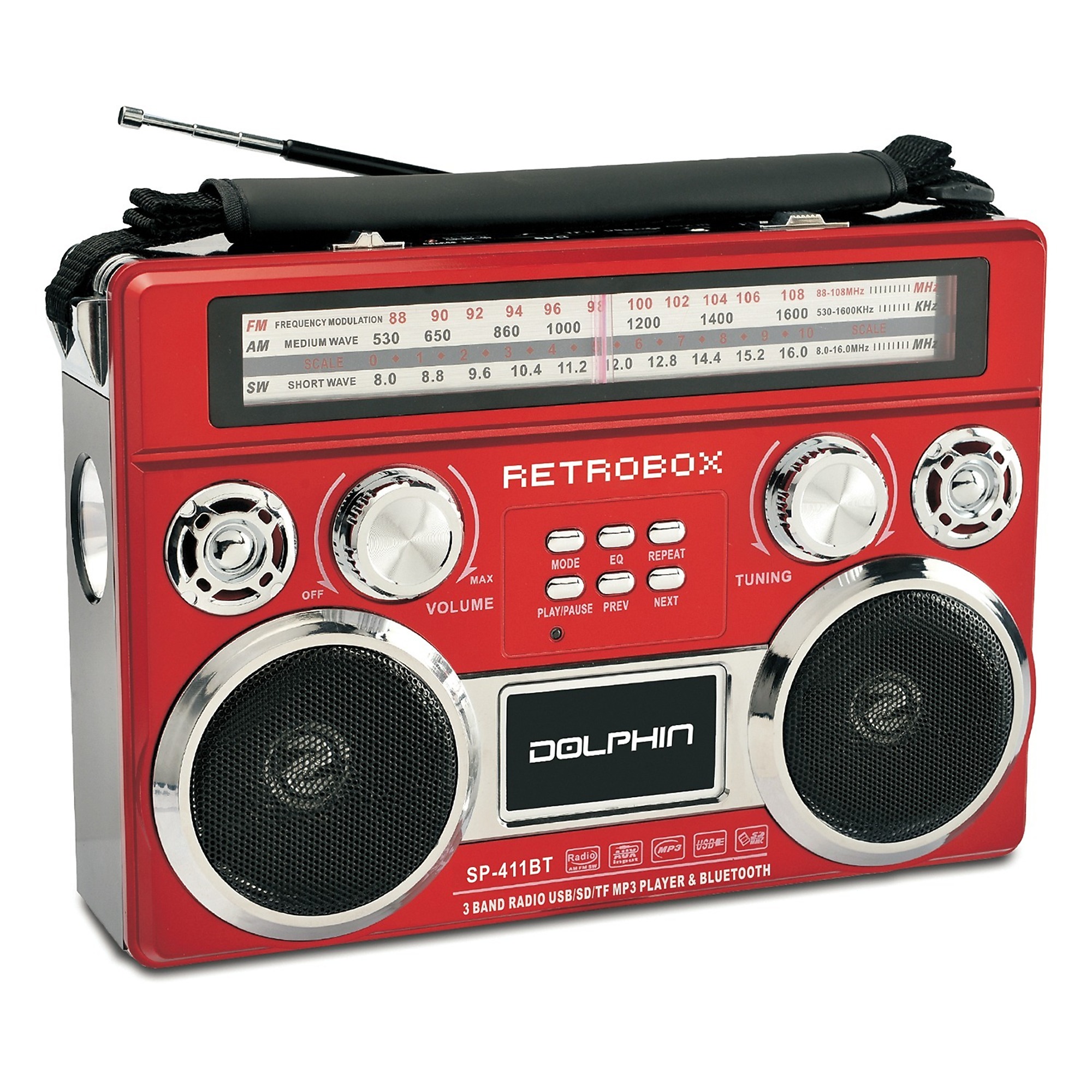 Dolphin Audio Retrobox Portable Mini Bluetooth Speaker — AM/FM/Shortwave, MP3 Playback, Rechargeable Battery, Red, Model# SP-411BT
