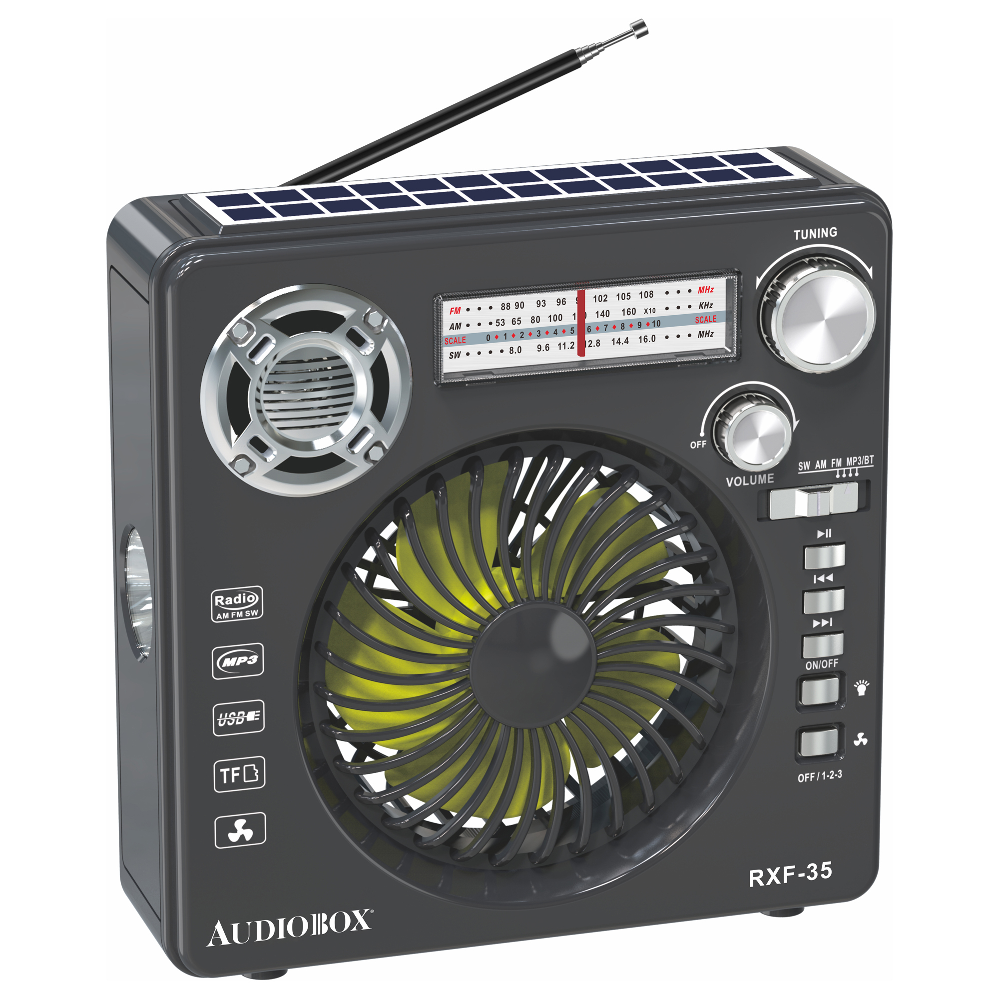Airbro RXF-35 3-Speed Fan with Rechargeable Emergency Radio — Bluetooth Speaker, Flashlight, Solar Panel, Black, Model# RXF-35