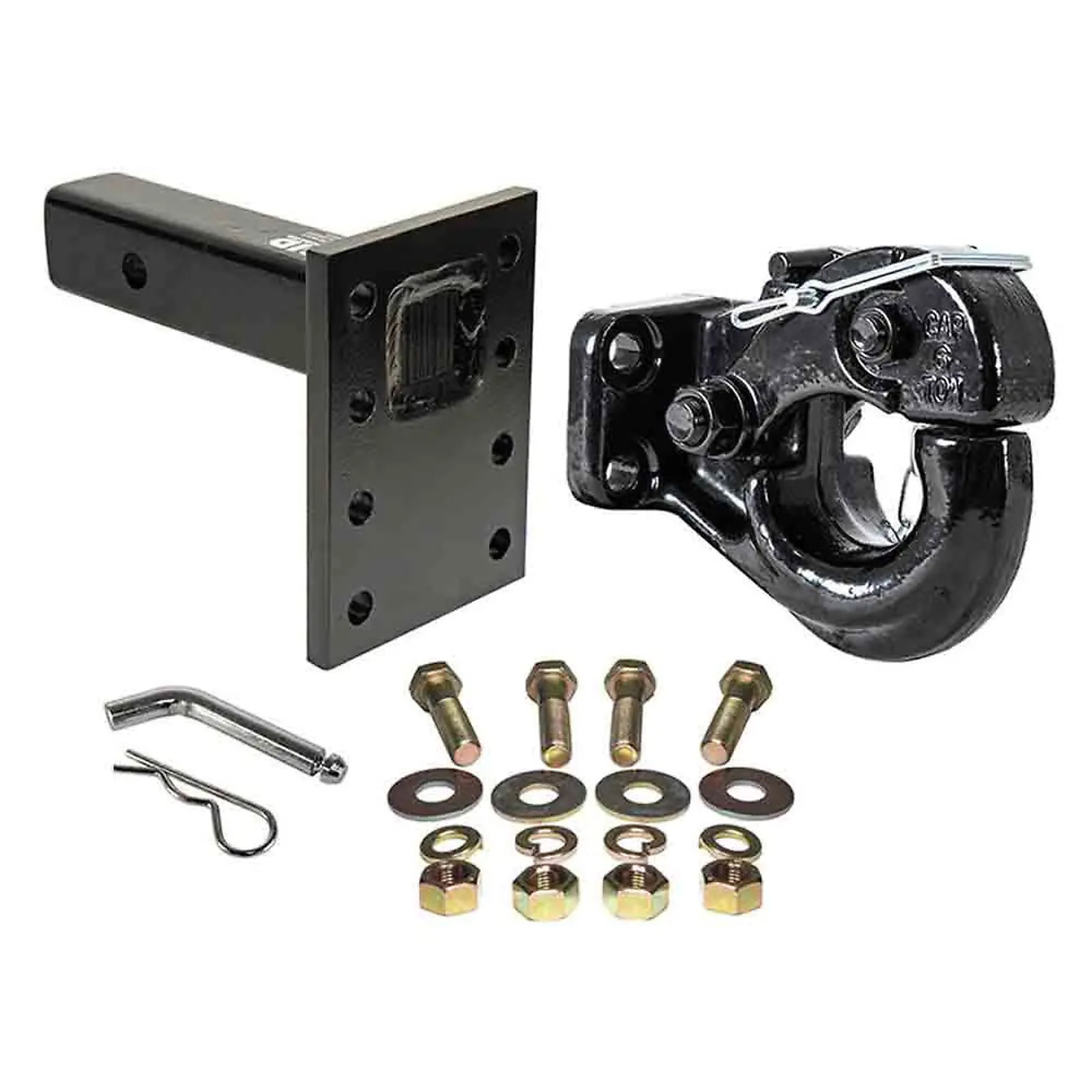 Rigid Hitch, 6 Ton Pintle Kit for 2 Inch Receivers, Includes solid shank mount, pintle hook w/ tethered pin, bolt kit, and 5/8" hitch pin, Drop-forged, black finish, standard bolt pattern. Rated 12,000 lbs GTW,  Model# 10036-8KIT