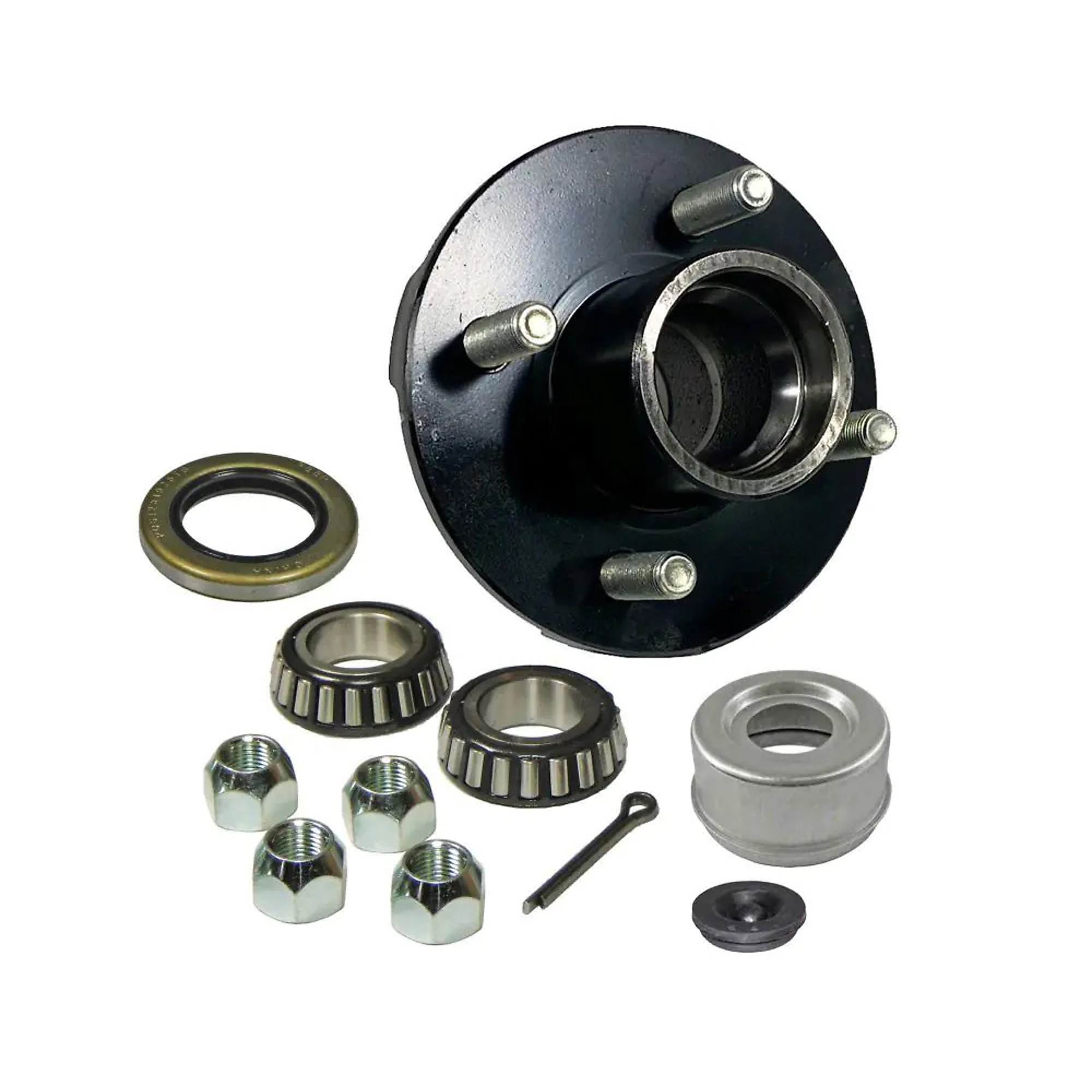 Rigid Hitch, 4-Bolt Idler Hub Kit for 1 inch Straight Spindles, 4-Bolt on 4in Circle, For 2000 lb Axle, 1250 lb Capacity per Hub, EZ-Lube Cap and Plug, Complete Bearing and Seal Kit, Model#  BT-100-04-EZ